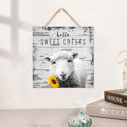 Miniatura 2 de Letrero de madera Hello Sweet Cheeks de 8 x 8 pulgadas, diseño de girasol de ovejas, animales de granja, pintura al óleo, arte de madera, idea de