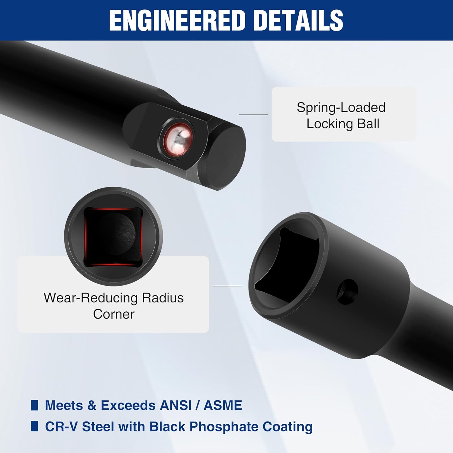 WORKPRO 6-Piece 1/2" Drive Impact Socket Extension Set, Includes 3", 6", 8" Extension Bars, Universal Joint and Socket Adapter, Premium CR-V Steel with Black Phosphate Finish - Image 4