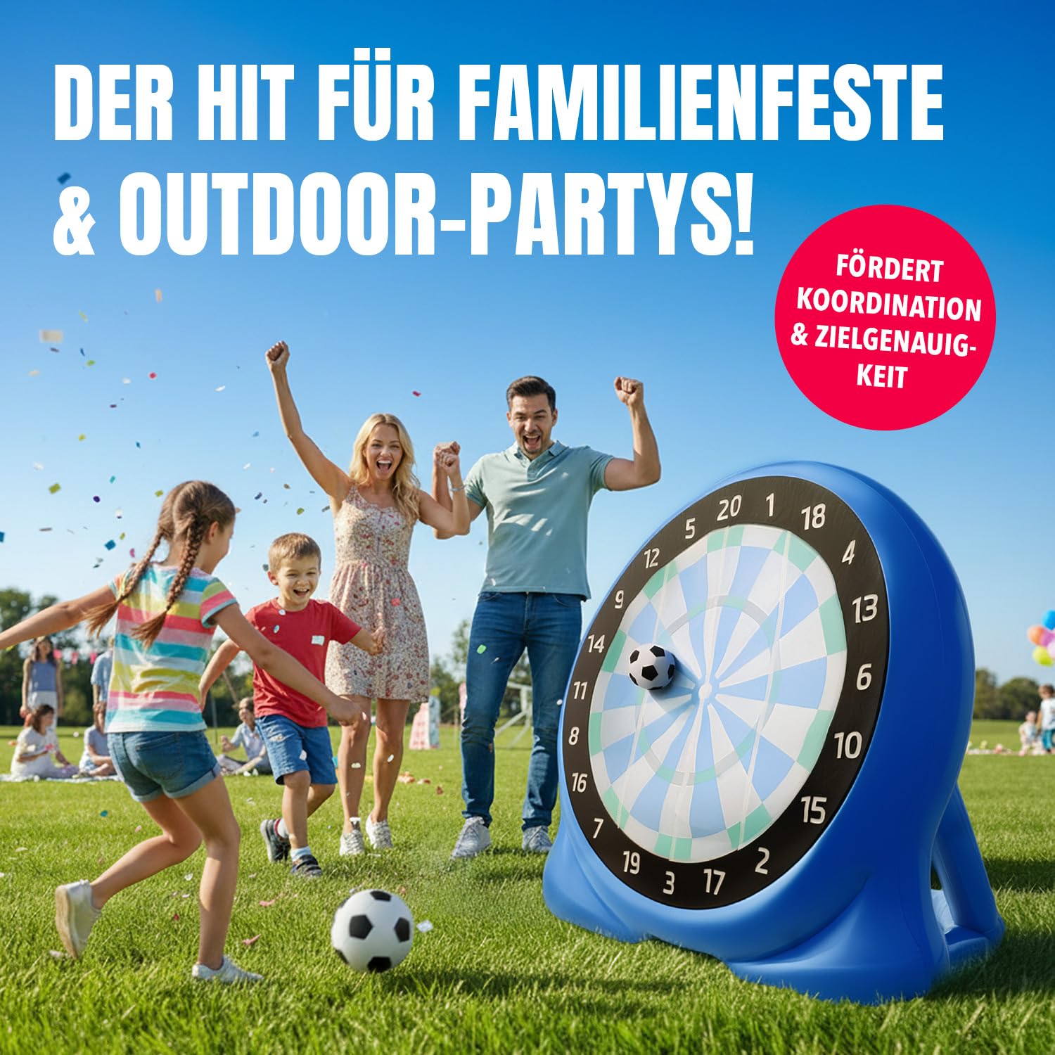 EASYmaxx Fussball Dart aufblasbar Outdoor Komplett-Set mit 2 Bällen, aufblasbare Dartscheibe Fußball mit 107 cm Trefferfläche | ab 6 Jahren | stabil mit Wasserkammer | für Garten, Unterwegs & Events