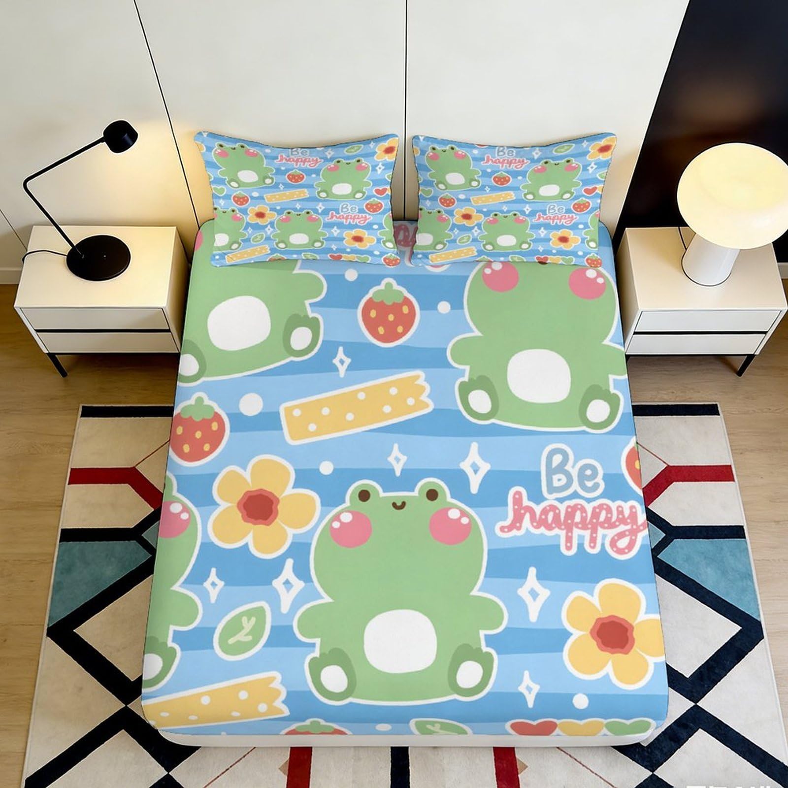 Jqzkxnhpbr Style-7 3D Printed Cartoon Frog Fitted Sheet Microfiber Soft Blue Floral Bed Cover For Bedroom Dorm Mattress Protection Decor 90X200x25cm