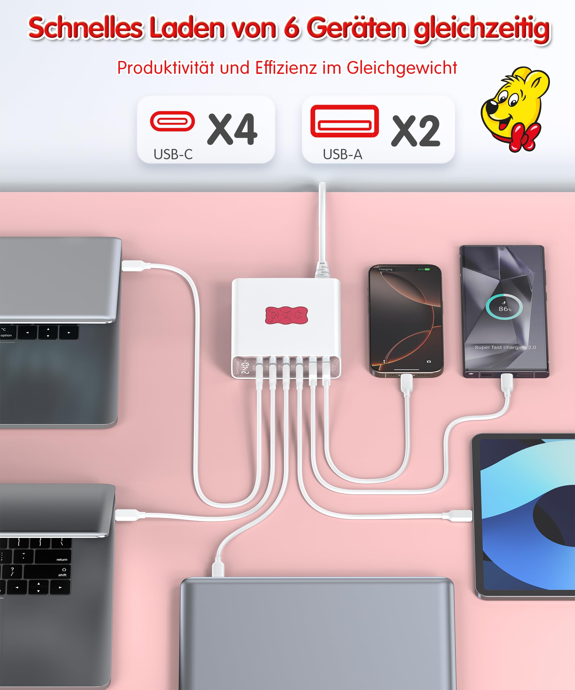 Haribo 240W USB C Ladegerät, 6-Port GaN Schnellladegerät USB-C Netzteil PD3.1 PPS für MacBook Pro/Air, für iPhone 17/16, iPad Pro, Galaxy S25/S24, für Dell XPS/Hp, Laptop ladegerät Geschenk, Rot