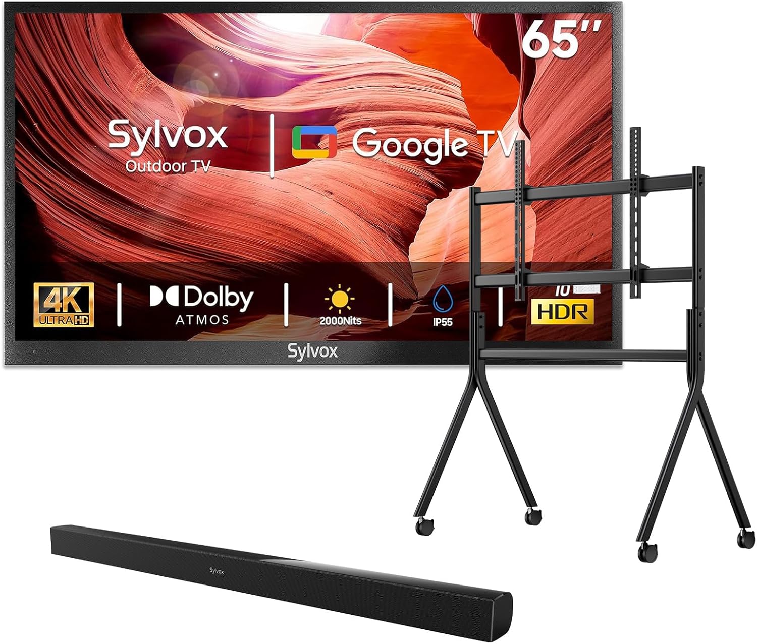 SYLVOX Outdoor TV with Rolling Stand & Soundbar, 65 inch 2000 Nit Full Sun Smart TVs, Sunlight Readable, IP55 Waterproof, 4K TV for Outdoor Households or Commercial Places