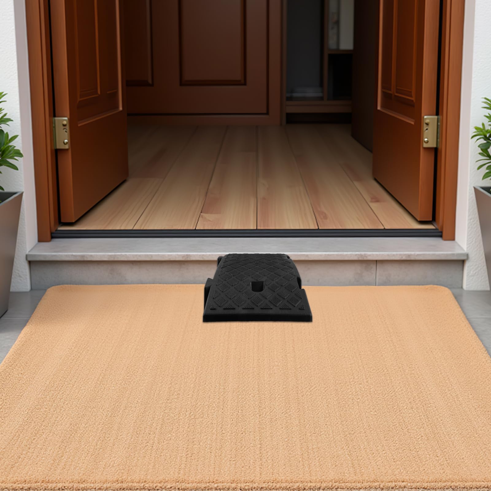 Ipetboom Rampa de Umbral Negra Antideslizante de 16 Cm Sistema de Anclaje para Silla de Ruedas y Cochecito, Rampa de Movilidad Portátil para Interior y Garaje