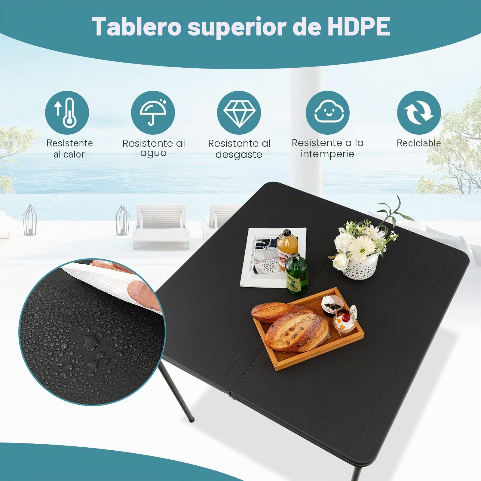 KOMFOTTEU Mesa Plegable de Camping, Mesa de Picnic Portátil de HDPE con Marco de Metal, Carga 100 kg, para Barbacoa, Jardín, Terraza, Fiesta, 86 x 86 x 74 cm