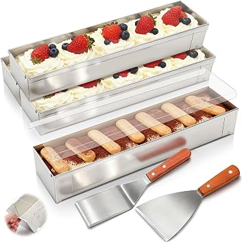 4 Pcs Nonstick Rectangle Tiramisu Cake Pan with Acrylic Lid and 2 Metal Spatula Removable Frame 304 Stainless Steel Cake Baking Molds for Tiramisu Cheesecake Mousse 15.75x3.94x2.56 Inch