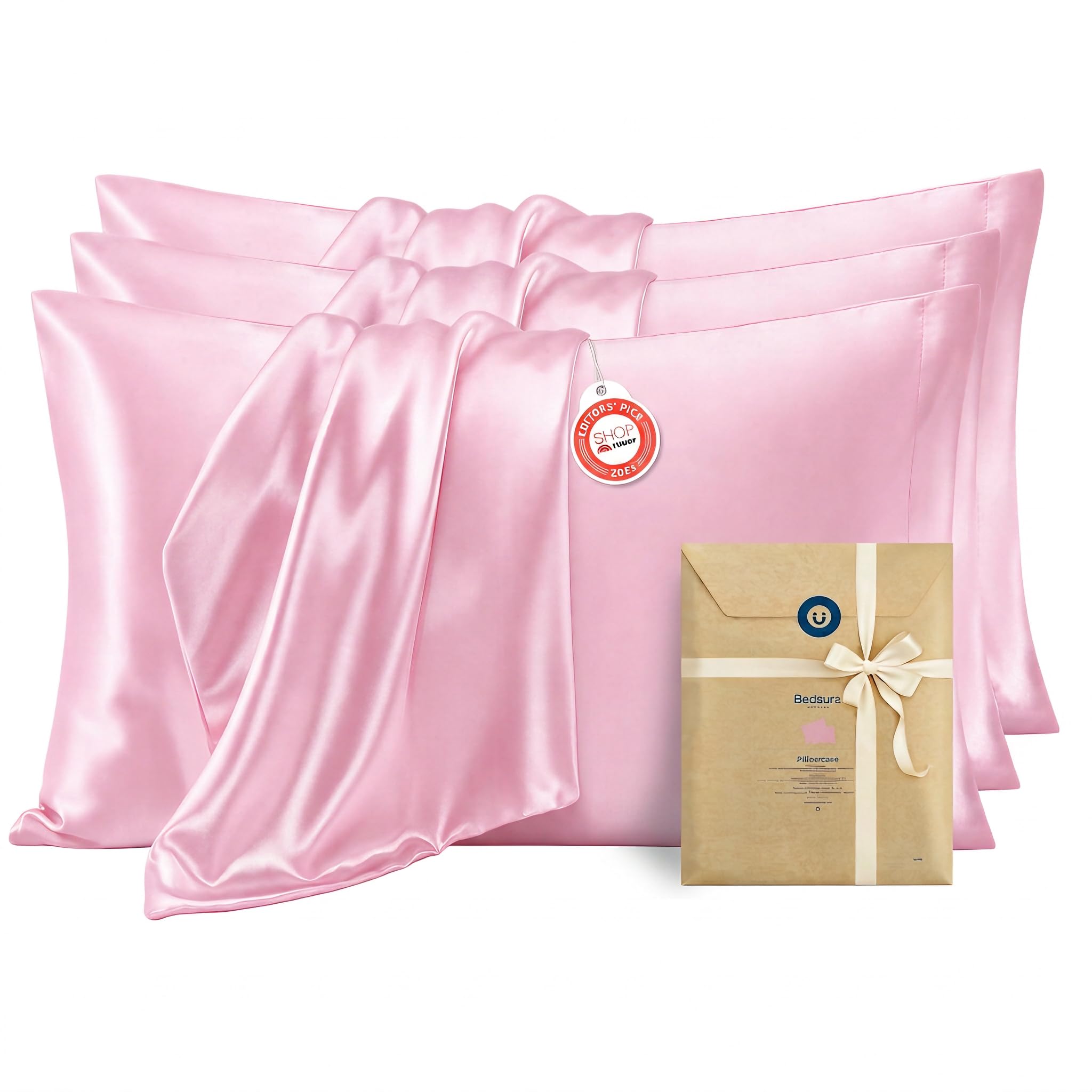 Bedsure Satin Pillowcase 6 Pack Similar to Silk Pillow Cases Standard Size, Pink Pillow Case Covers with Envelope Closure, Home Decor Valentine Gifts for Women Girls,20x26 Inches, 2pcs
