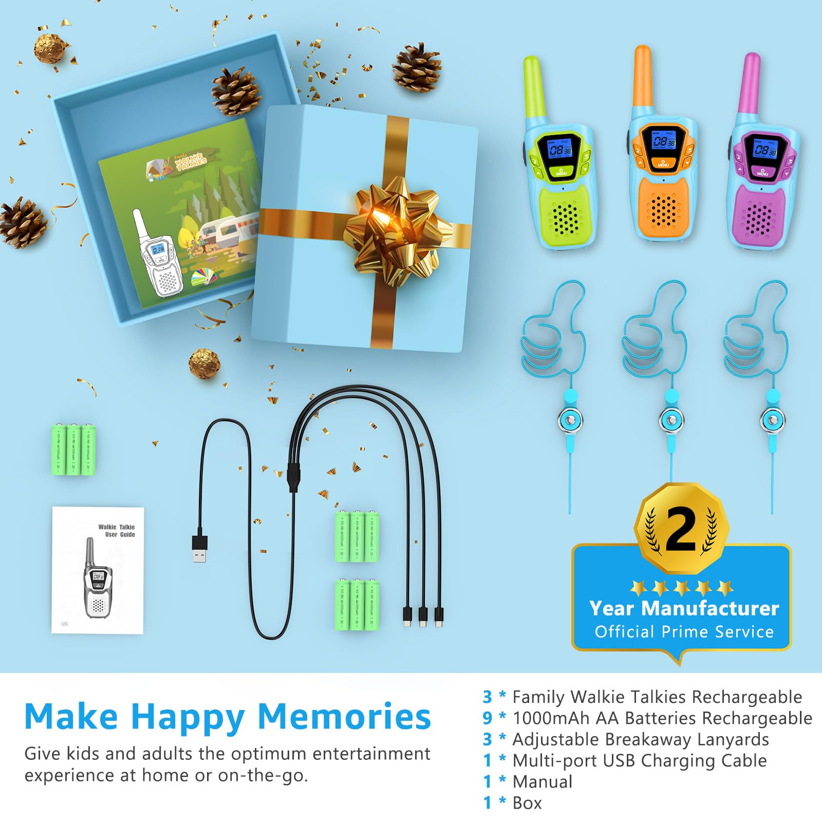 Walkie Talkies - Walkie Talkies para niños, paquete de 3 walkie talkies para adultos, radios recargables de larga distancia de 2 vías para familia, camping, senderismo, ciclismo, juguetes para niños 9