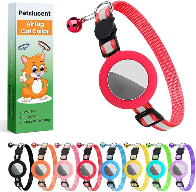 Petslucent Airtag Cat Collar, Reflective Airtag Cat Collar with Bell and Silicone Waterproof Airtag Holder Case Compatible with Apple Airtag, Breakaway Safety Buckle Collar for Cat Kitten Puppy (Red)