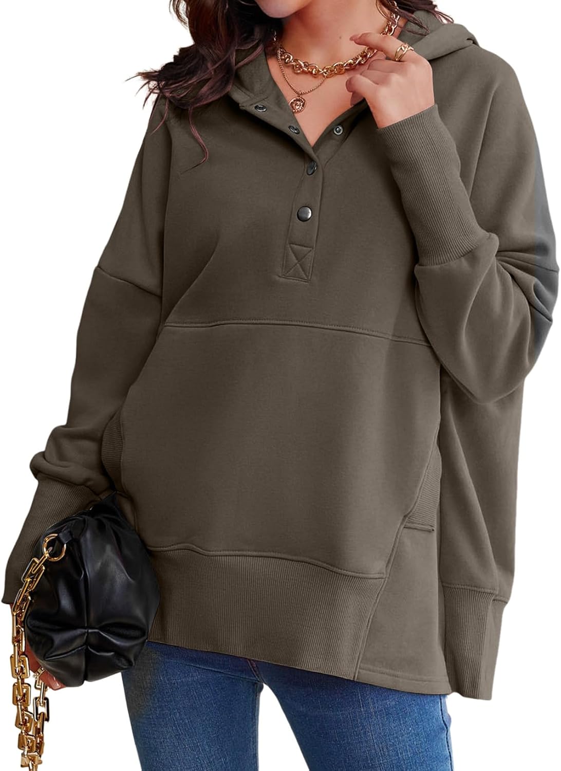 AlvaQ Womens Oversized Sweatshirts Hoodies Fleece Button Neck Hooded Tops Casual Pullover Tunics Winter Outfits 2025
