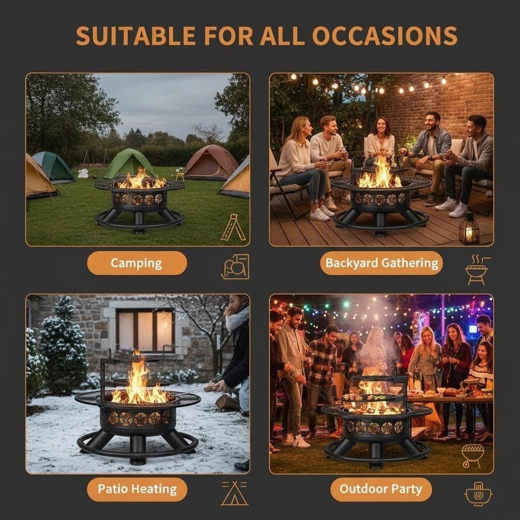 Extra Large 47 Inch Outdoor Fire Pit, 3-in-1 Wood Burning BBQ Firepit with 2 Cooking Grills, Lid and Fire Poker, Heavy Duty Round Fireplace for Backyard, Patio, Camping & Bonfire