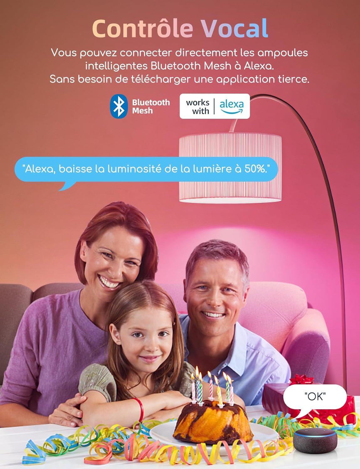 Family using Alexa voice control to dim an Aigostar smart bulb