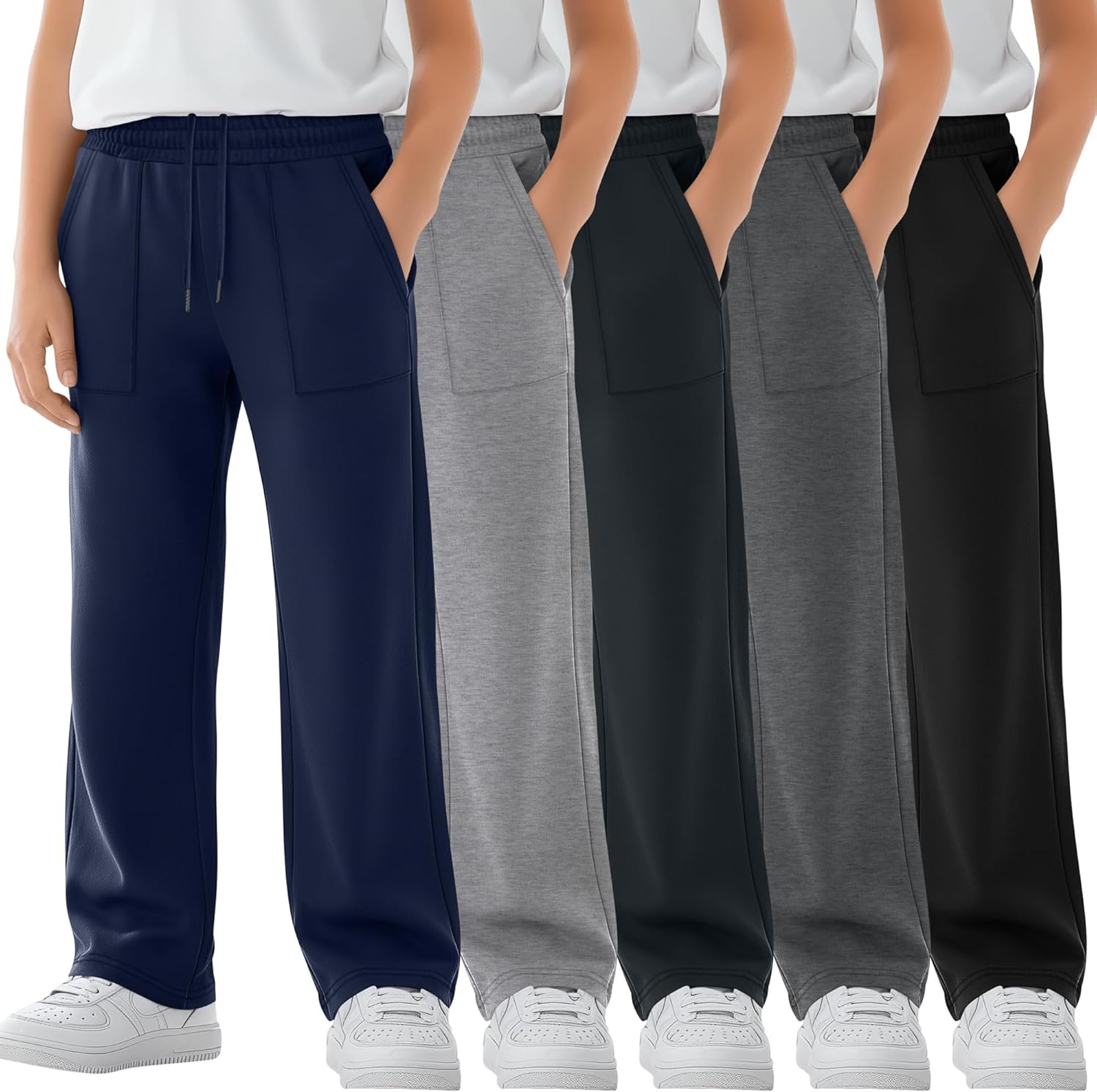 5 Pack Boys Sweatpants Teen Straight Leg Athletic Pants Kids Spring Lightweight Drawstring Trousers with Pockets