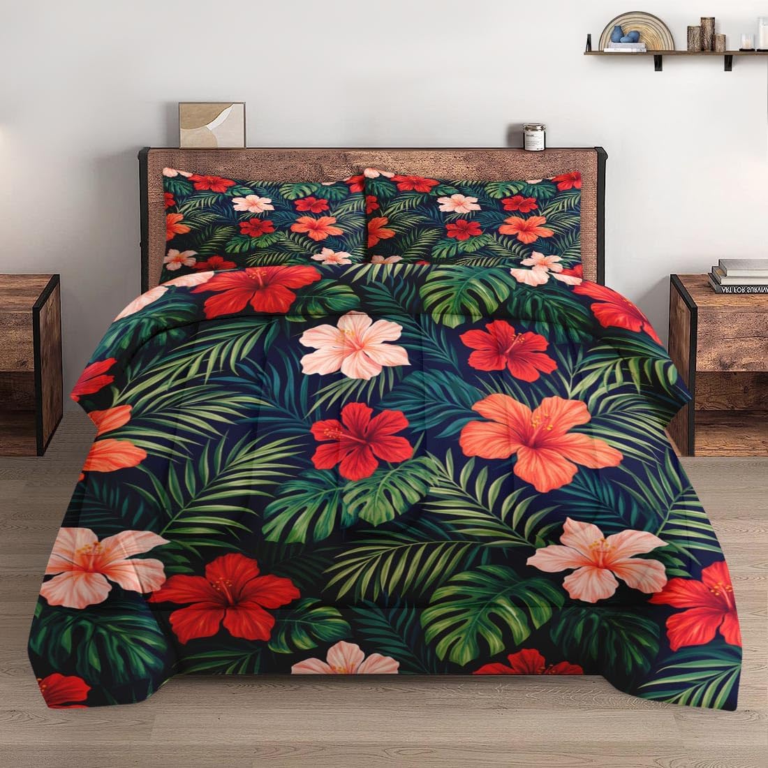 Pamnest Comforter Set Queen Size, Tropical Plants Hibiscus Soft 3 Pcs Bedding for Kids and Adults, Colorful Hawaiian Summer Floral Comforter Set with Pillowcase, for Bedroom Bed Decor