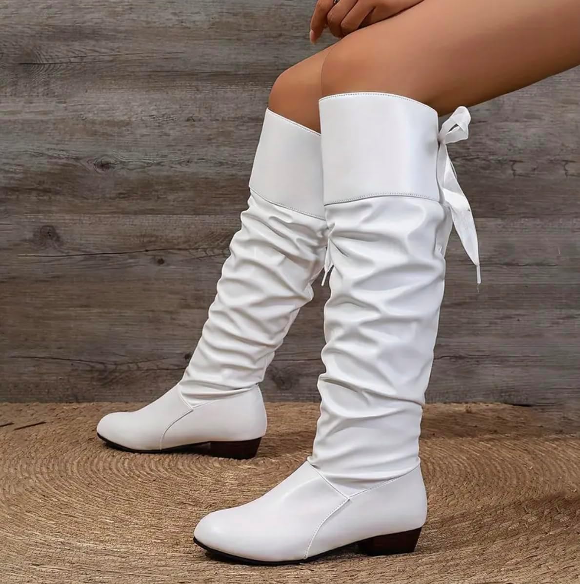 Knee High Boots Women with Bow Over the Knee FlatS Boots with Bow Tie, Fashion PU Leather Square Toe, Lace Up Chunky Low Heels for Winter Fall