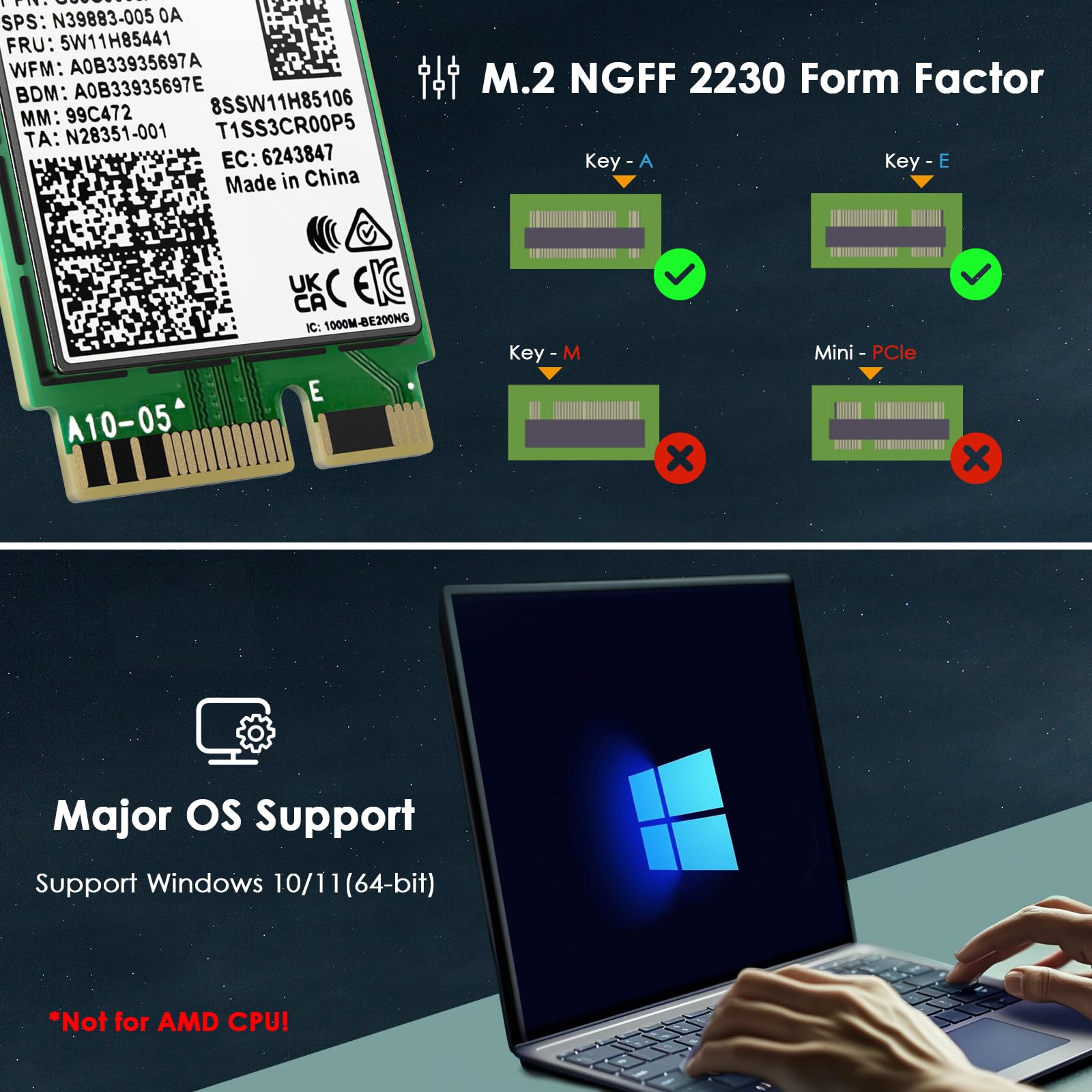 WAVLINK WiFi 7 Carte WiFi, 8774Mbps Tri-Band BE200 M.2 NGFF Network Module with Bluetooth 5.4, MU-MIMO, WPA3, Support Windows 10/11(64-bit) Laptop, Non Disponible pour Les Cartes mères AMD