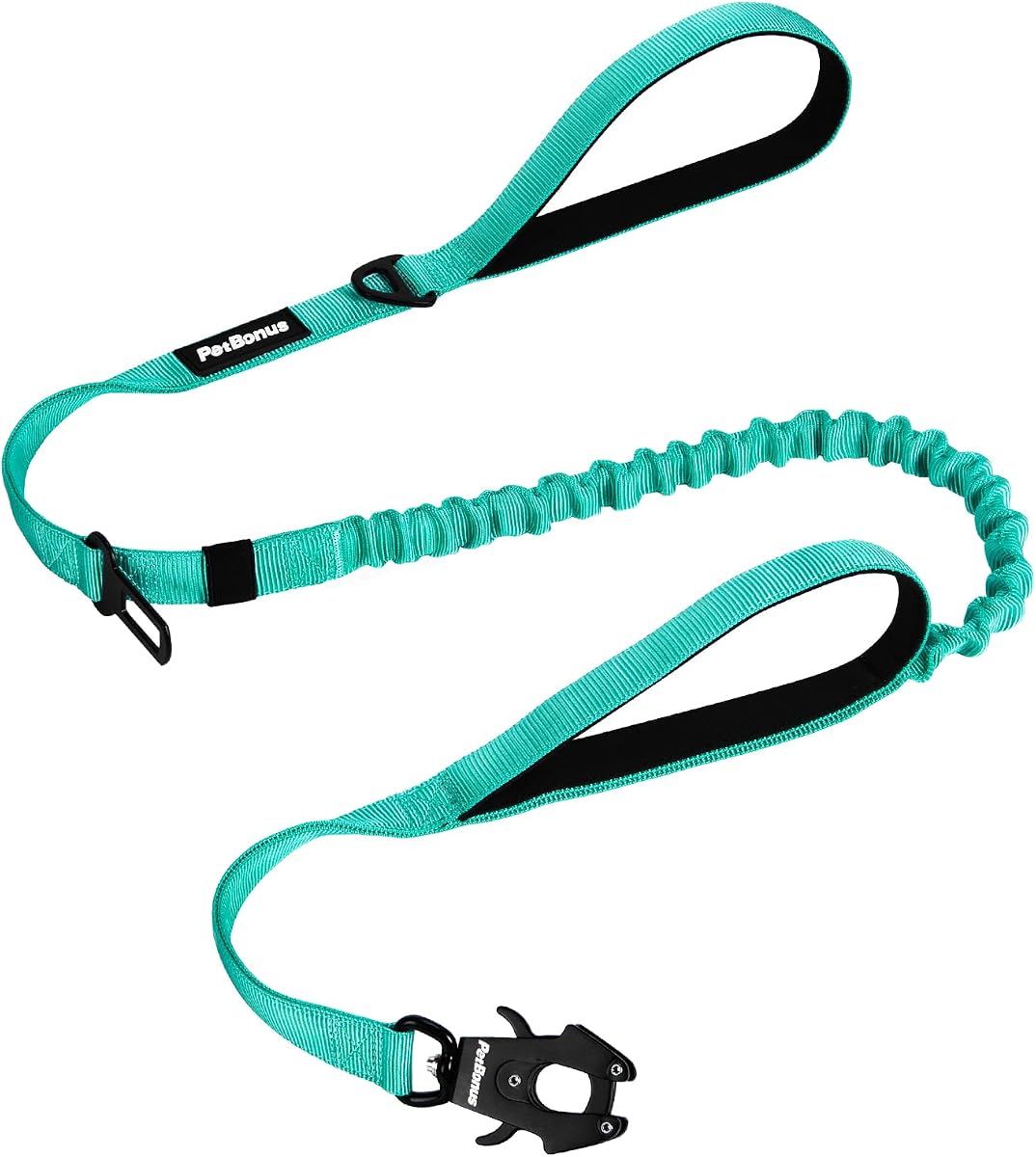 PetBonus Heavy Duty Tactical Dog Leash, 5 FT Bungee Shock Absorption Leash | 2 Padded Handles, Quick Release Metal Clip, Car Seatbelt, No Pull Training Lead, For Large Medium Dog, Turquoise