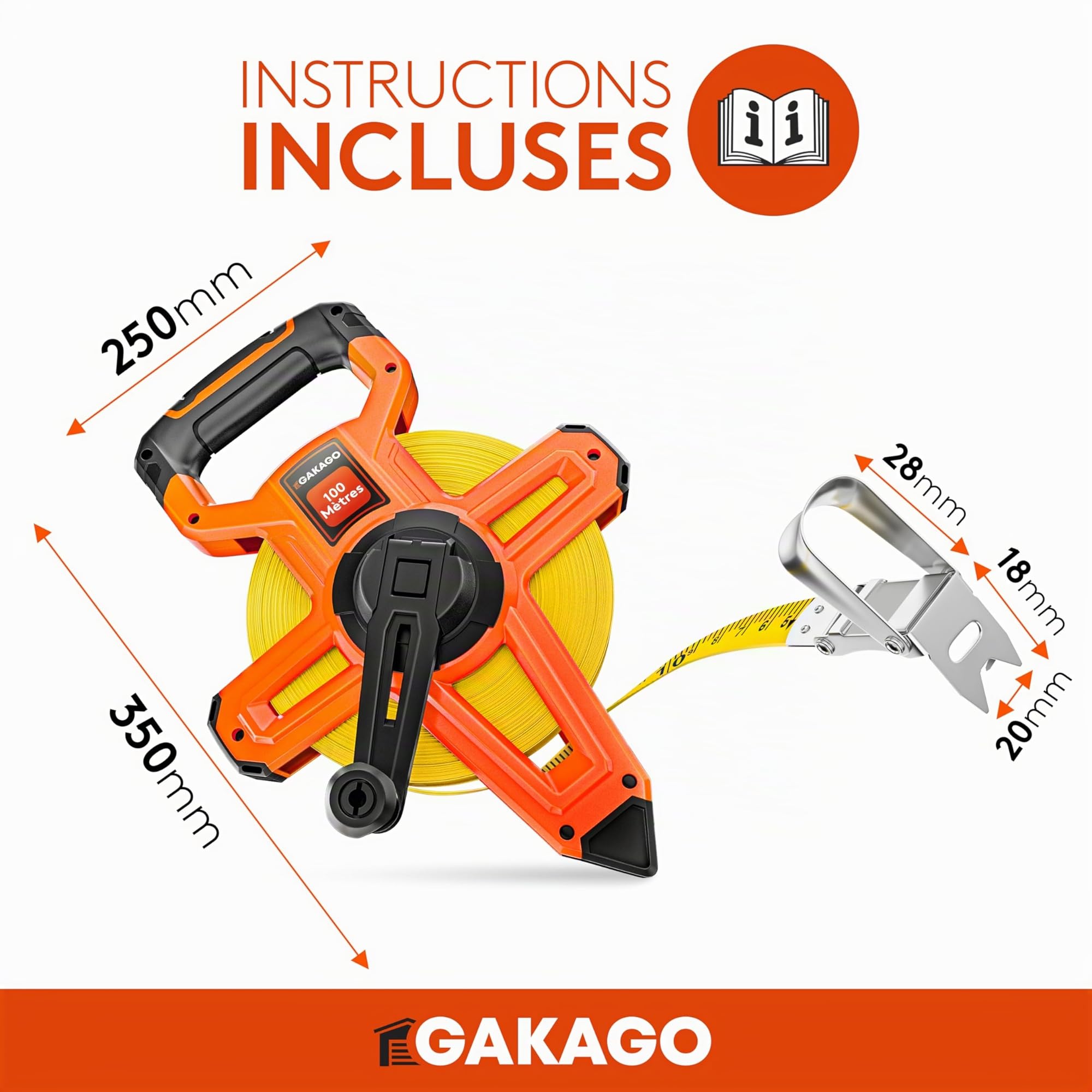 Gakago Mètre ruban 100m - Mètre enrouleur à 3 démultiplications avec levier pliable - Poignée ergonomique et antidérapante du mètre, Rouleau de mètre ruban avec pointe de marquage des points de mesure
