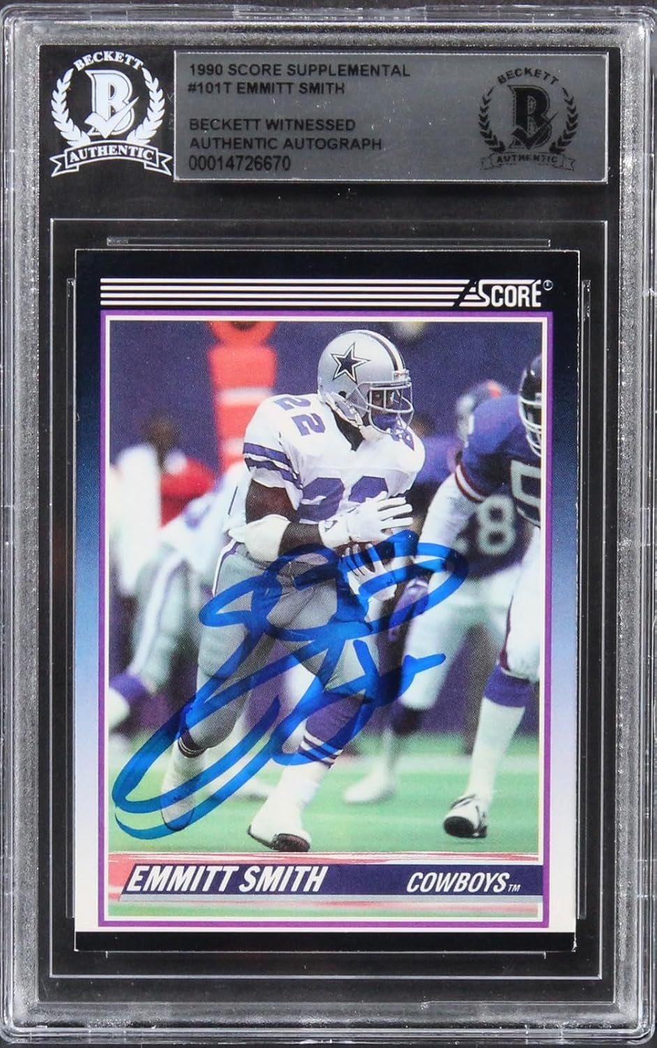 Cowboys Emmitt Smith Signed 1990 Score Supplemental #101T Rookie Card BAS Slab - Football Slabbed Autographed Rookie Cards