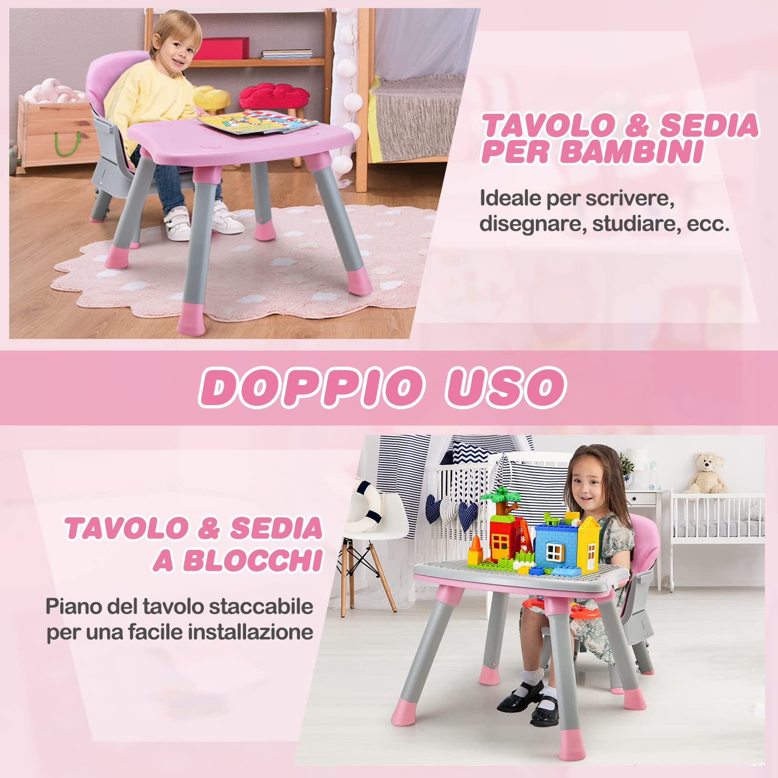 COSTWAY 6 in 1 Seggiolone Pappa per Bambini, Seggiolone per Neonati Convertibile, con Vassoio Rimovibile e Regolabile, Imbracatura a 5 Punti, Tavolo per Costruzioni, per Bambini 6+Mesi (Rosa)