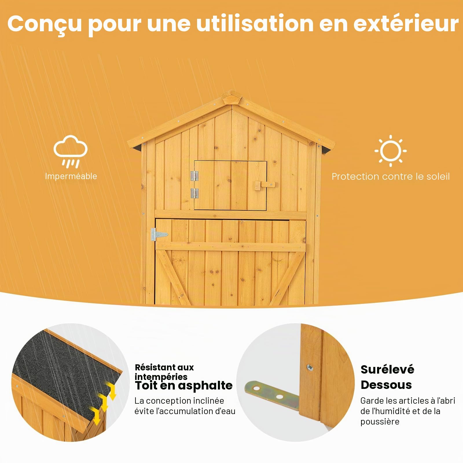 KOMFOTTEU Abri Outils d'Extérieur Bois, 8 Crochets Outils & Table Pliable