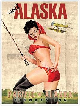 Antiguos Maps Visit Alaska Airways Travel Print | Vintage Style Pinup Girl Fishing the Arctic Tundra | Art Poster Wall Decor | 18 x 24 inches 458 x 610 mm