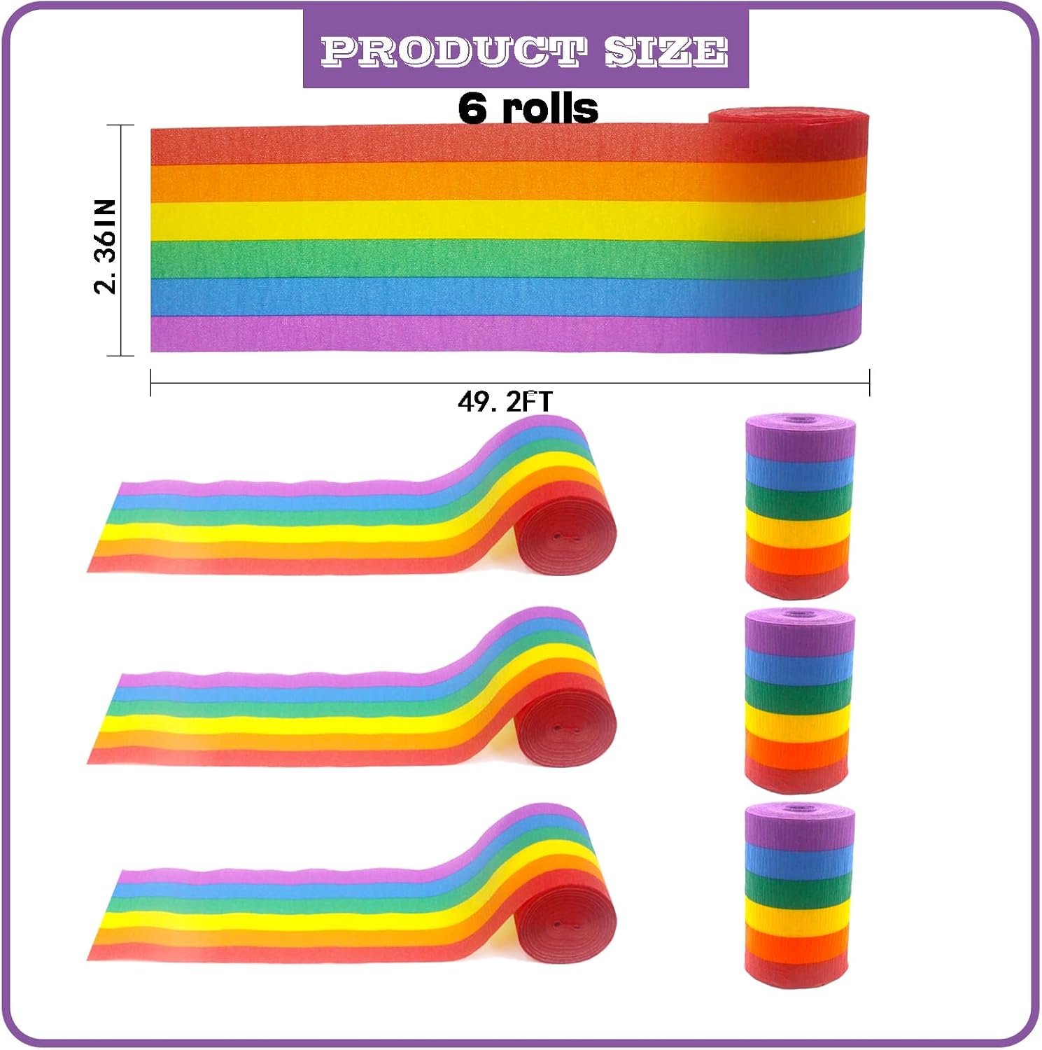 KYHSOM 6 Rolls Rainbow Crepe Paper Streamers (1.8" x 82 Ft/Roll) - 295 Ft Colorful Party Decorations for LGBTQ Pride Parades, Birthdays, Weddings, Baby Showers Festivals & DIY Crafts