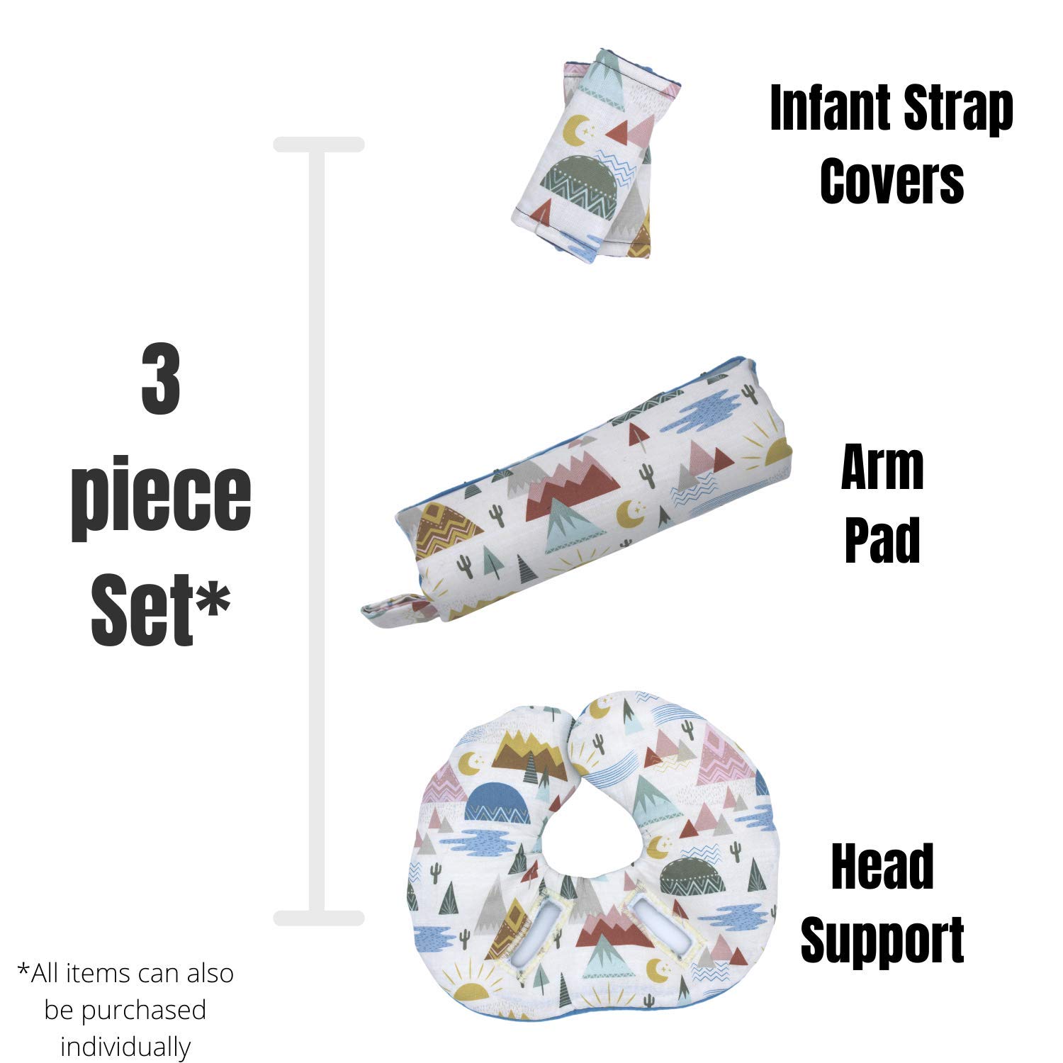 Infant Car Seat Head Support Set, White Mountain Print, Newborn Head Rest, Baby Strap Covers, Carry Cushion