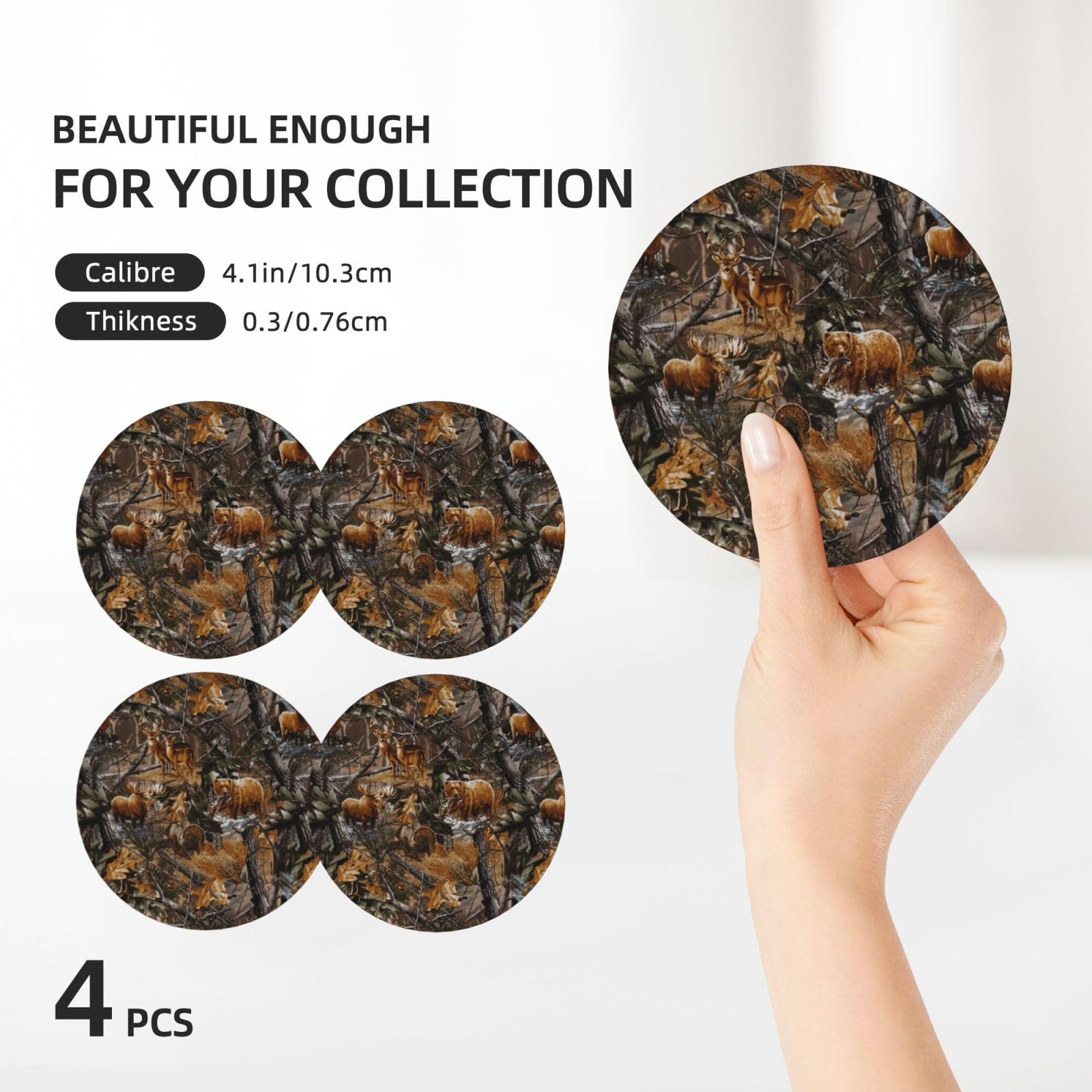 Lot de 4 dessous de verre décoratifs en céramique Motif cerf et ours