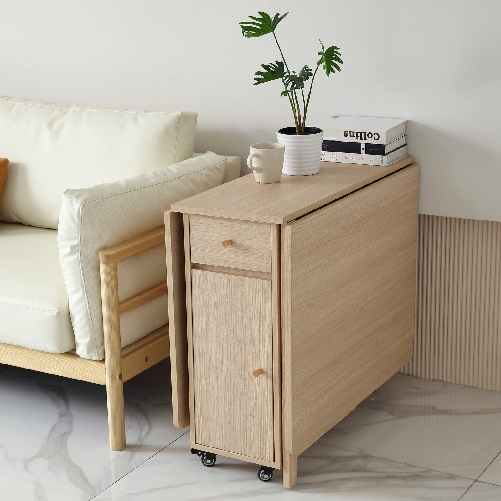 Mesa de comedor plegable extensible con 2 cajones y 4 ruedas para sala de estar, cocina, casa de campo, mesa de ahorro de espacio en color madera 7