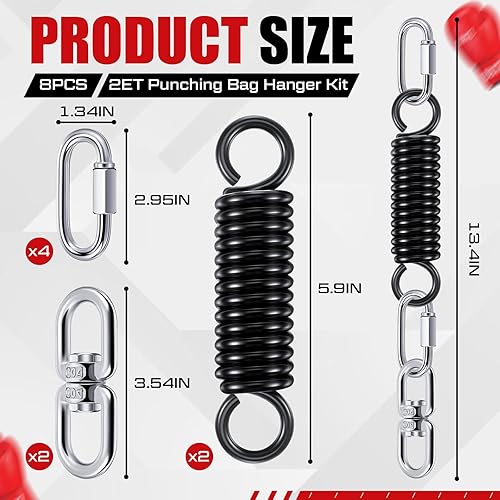Miniatura 2 de Zonon Kit de 8 ganchos para saco de boxeo, resorte pesado M8, doble ojal giratorio con gancho a presión, colgador de bolsa pesada de acero