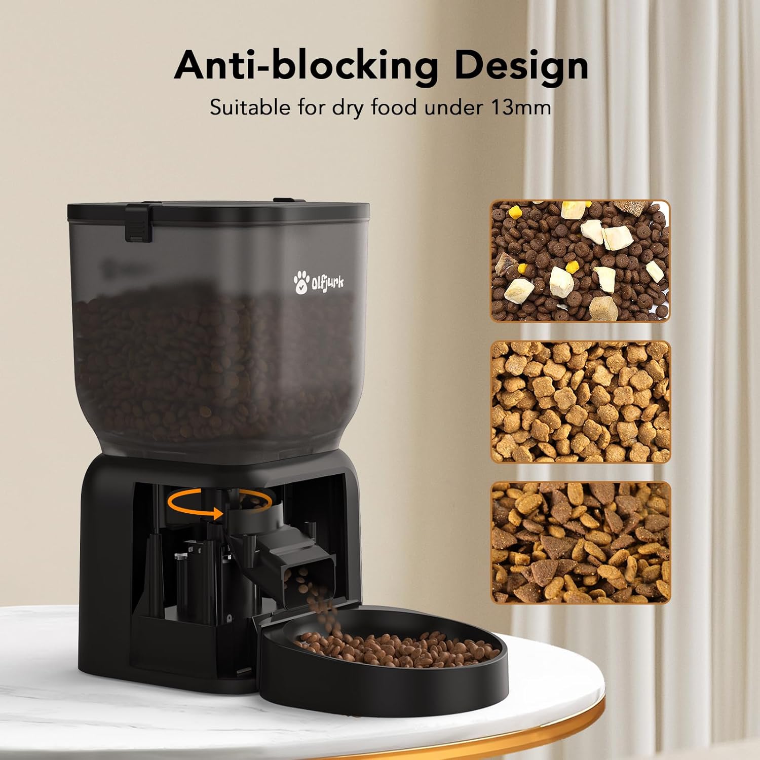 Olfjurk Automatic Pet Feeder showing anti-blocking design and kibble types