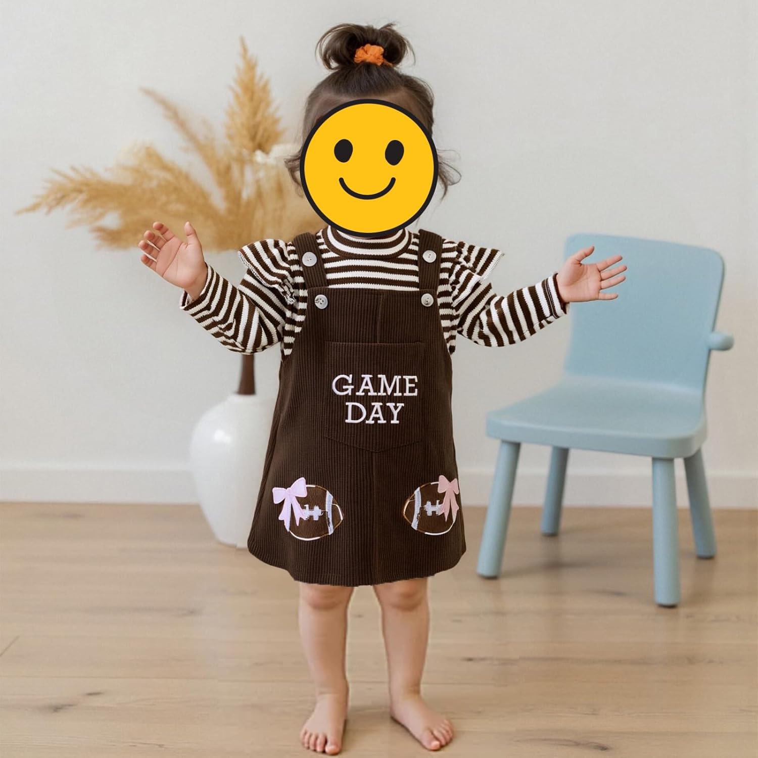 Newborn Infant Baby Girl Game Day Football Outfit Long Sleeve Striped Onesie with Corduroy Suspender Skirt Set - Image 2