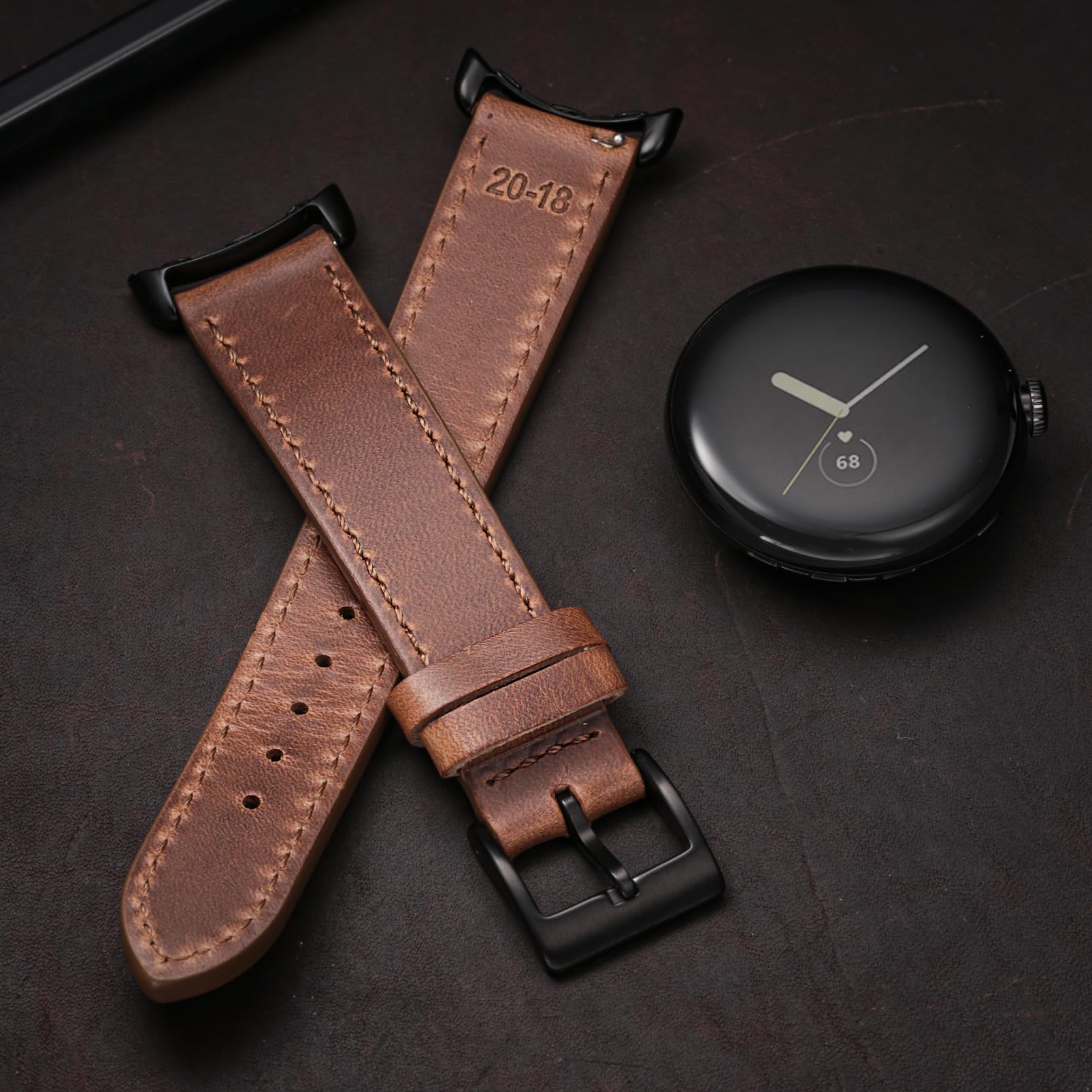 Miękki skórzany pasek do zegarka Horween kompatybilny z zegarkiem Google Pixe l/Pixel 2 / Pixel 3 41 mm/Pixel 3 45 mm/Pixel 4 41 mm/45 mm, pasek zastępczy do zegarków Pixel Smart Watch