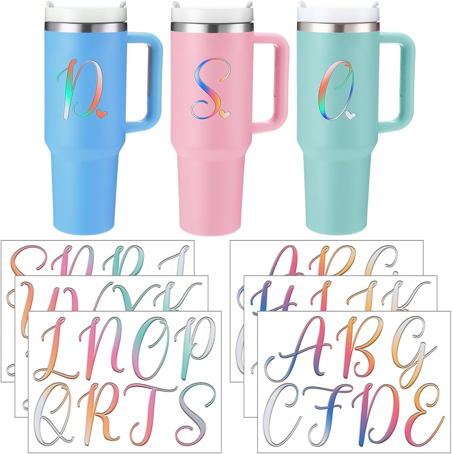 Honoson 6 Sheets UV DTF Cup Wrap Initial Letter Stickers with Heart Sticker Waterproof Custom Vinyl Lettering Alphabet Stickers Personalized Name Decals for 14-40oz Tumbler Cup Water Bottle DIY(Laser)