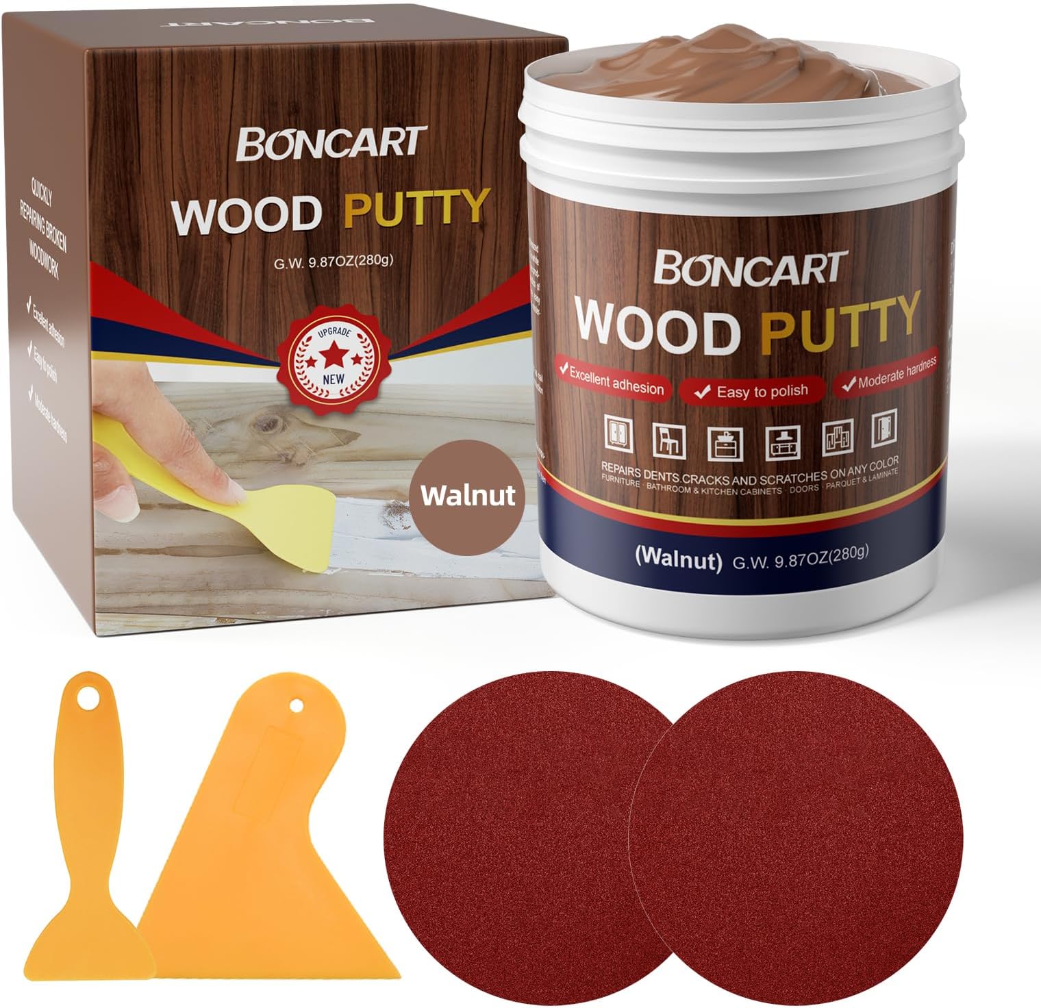 BONCART Wood Filler, Wood Putty, Walnut Wood Putty Filler, 9.87 Ounce Wood Filler Paintable wood filler, Wood repair furniture kit, Quickly repair any broken and defective wooden furniture