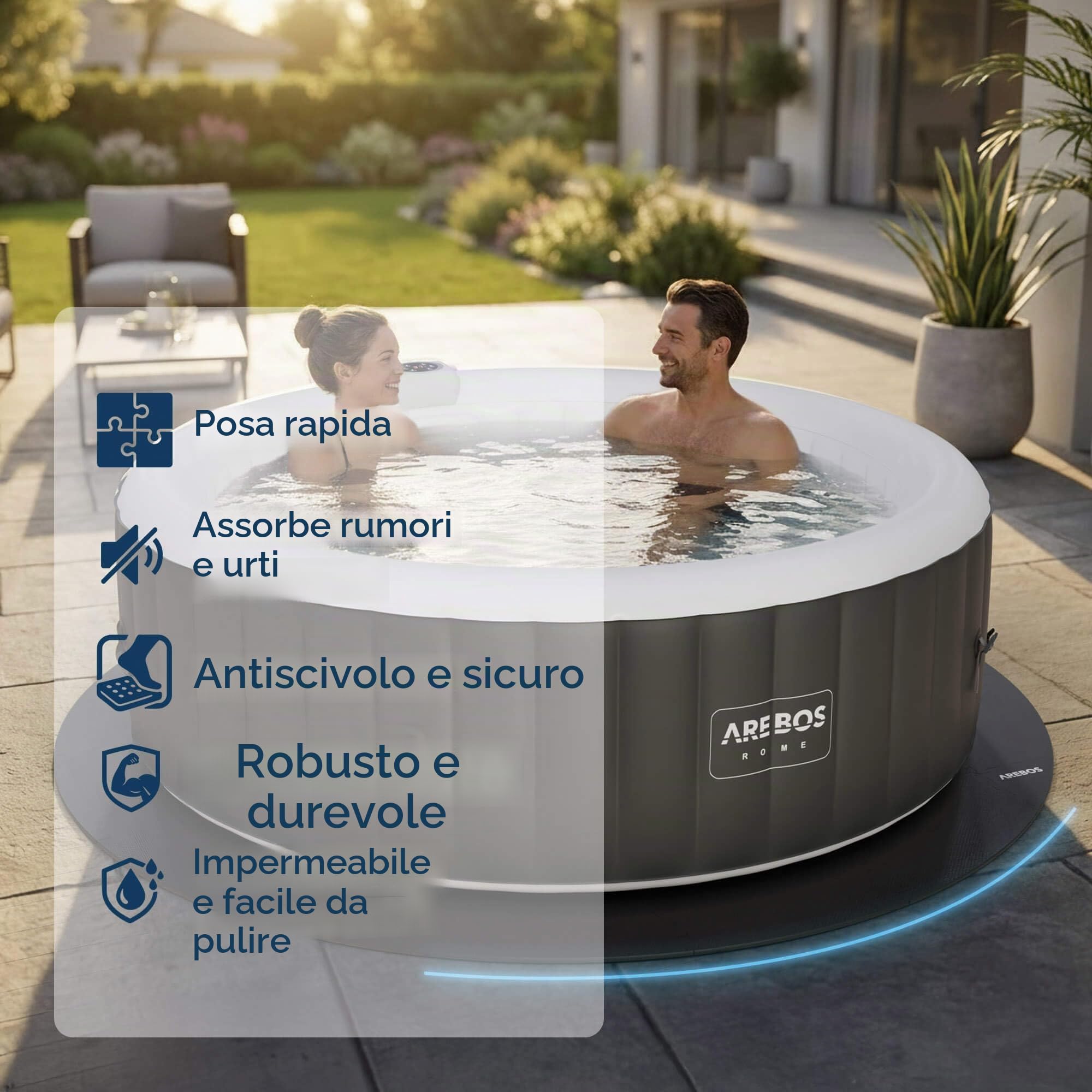 AREBOS Tappetino Protettivo per Piscina e Spa Ø 240 cm | Tappeto Eva Puzzle Rotondo per Vasca idromassaggio | Isolante e Antiscivolo | per Spa gonfiabili da Esterno