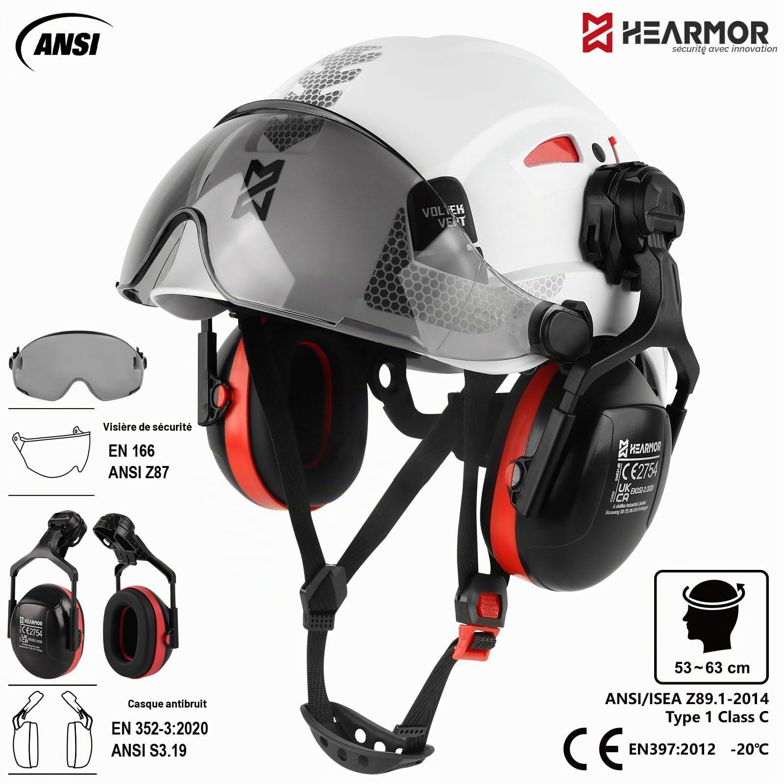 HEARMOR Casque de Protection avec Protection auditive et visière, certifié en 397, Casque de Travail ventilé, Suspension à 6 Points, idéal pour l'industrie et la Construction, Blanc