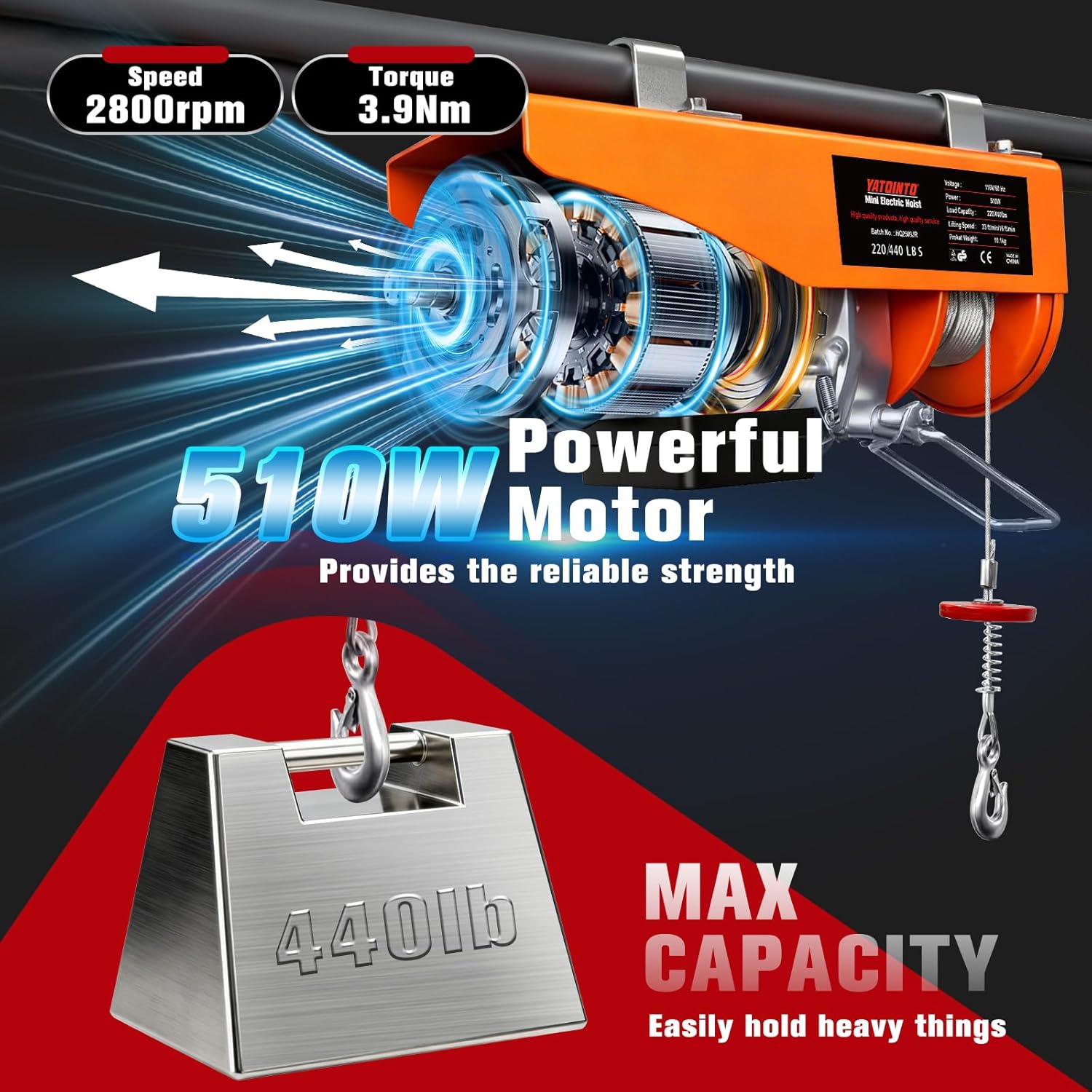 440Lbs Electric Hoist with Remote Control,510W Electric Winch with Zinc-Plated Steel Wire Hoist for Garage, Warehouses, Factories 39.4ft Lifting Height with Emergency Stop Switch