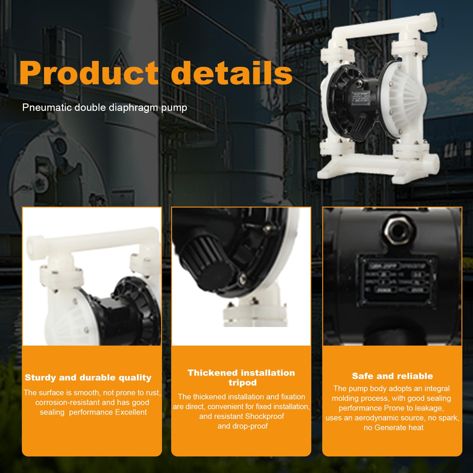 Pneumatic Double Diaphragm Pump 1.5 Inch In/Out PP 35GPM Max 120PSI — Amazon image 3