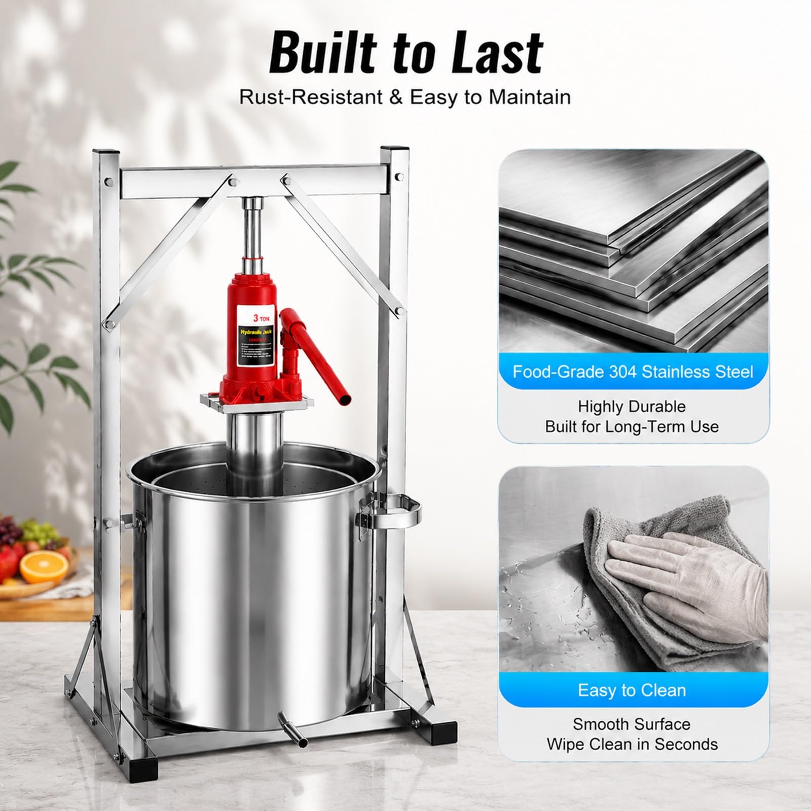 Torchio Manuale per Frutta e Vino in Acciaio Inox, Pressa Idraulica con Martinetto da 3 Tonnellate per Spremere Mele, UVA, Verdura e Favi Fatto in Casa(12L)