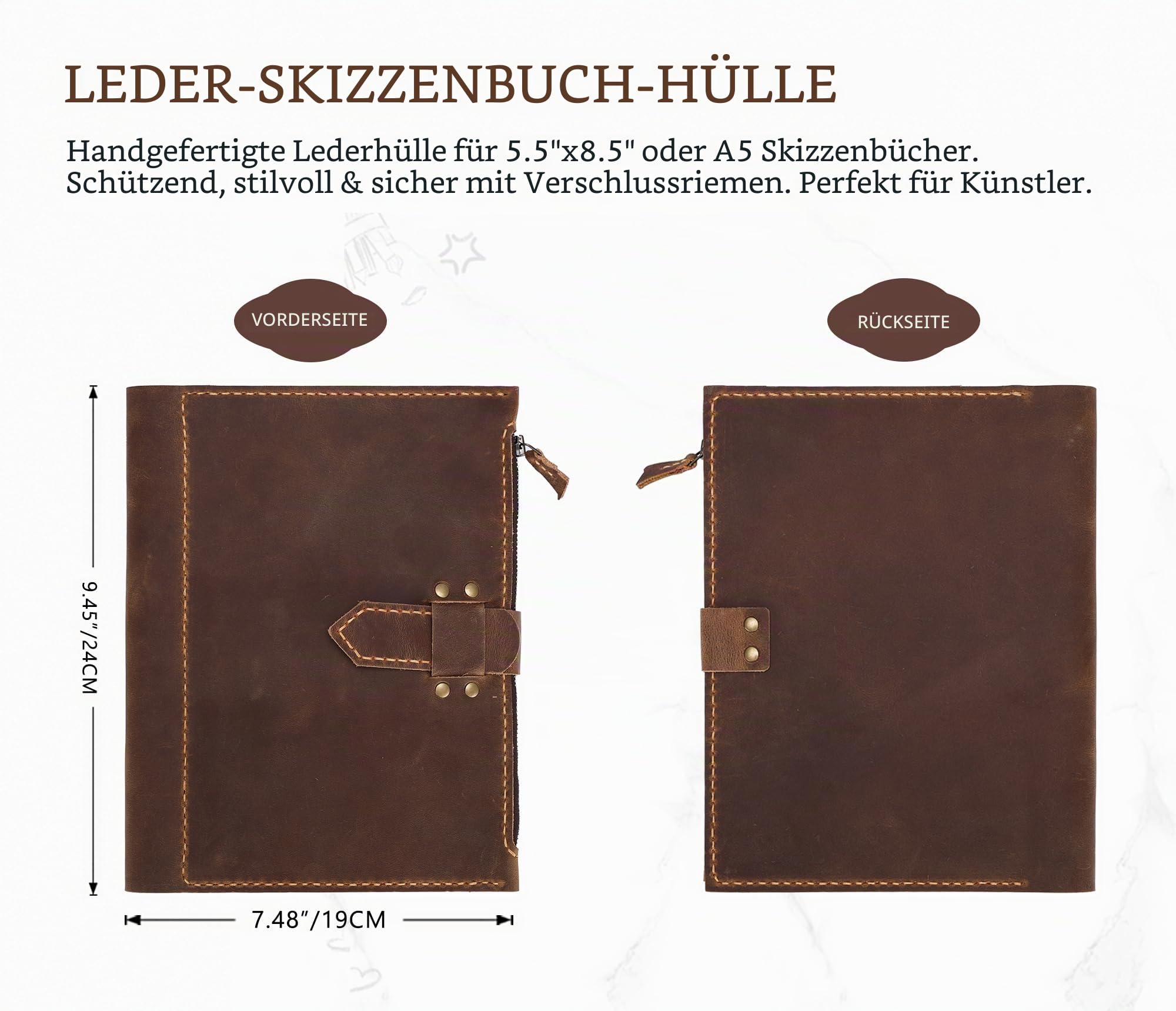 Skizzenbuch-Einband aus Leder für A5/14 x 21,6 cm Skizzenblöcke, handgefertigtes Künstleretui aus echtem Leder, mit Stifthalter und Reißverschlusstasche, professionelles Zeichenzubehör (Braun