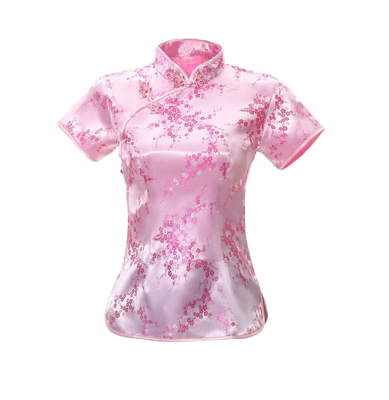 Acvip Women's Pink Plum Blossom Brocade Qipao Top Stand Collar Short Sleeve Chinese Shirt Blouse (Uk 14/Chinese 2XL, )