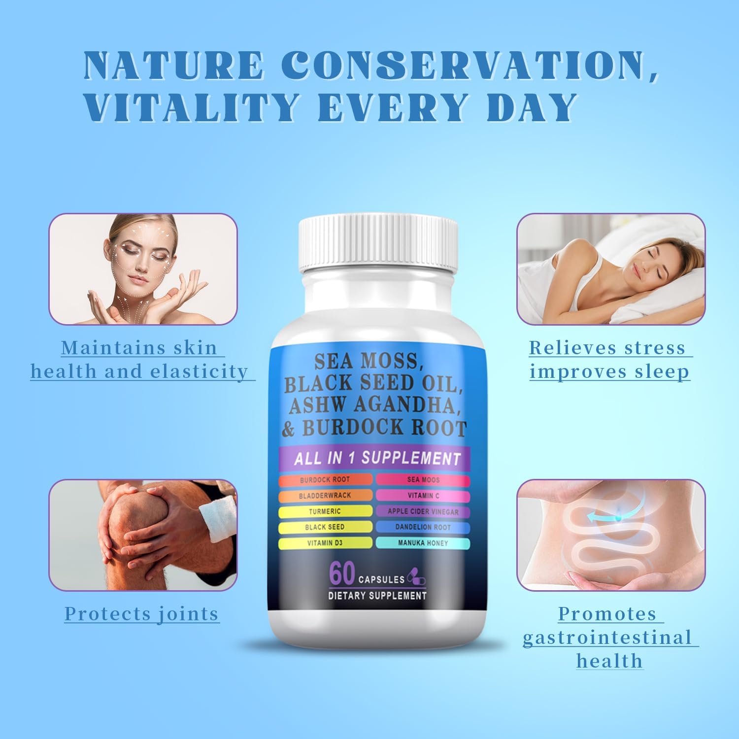 Sea Moss Black Seed Oil Ashwagandha Turmeric Bladderwrack Burdock, Elderberry Manuka Dandelion, Burdock Root Turmeric Vitamin D3 Chlorophyll - 60 Capsules - Image 3