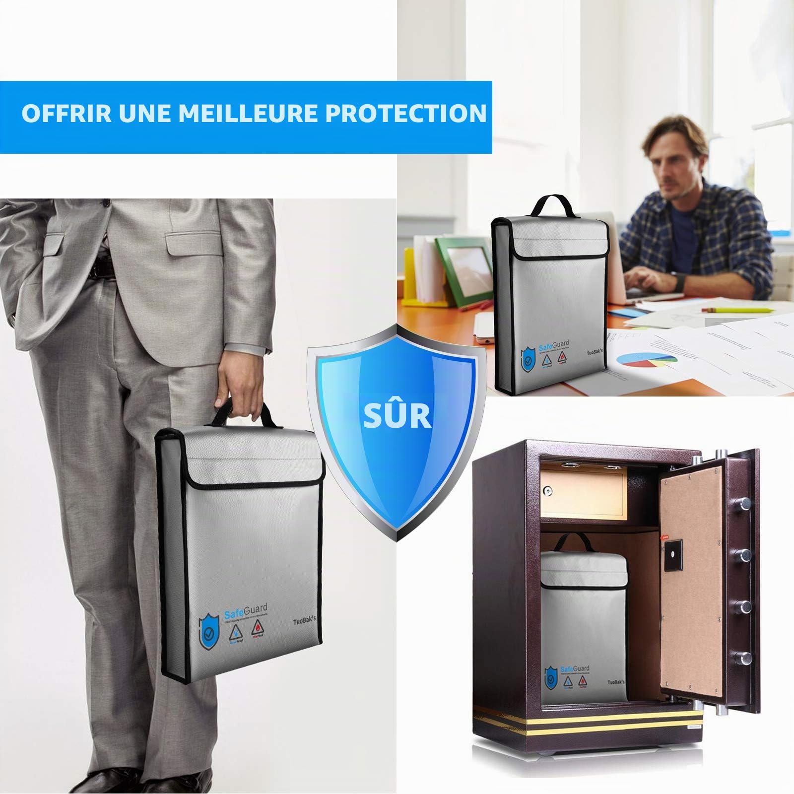 TuoBak's Sac Ignifuge pour Documents, Porte-Documents étanche et Ignifuge | Sac étanche à feu pour Documents de Poches intégrées pour Cartes de crédit en Fibre de Verre de qualité supérieure