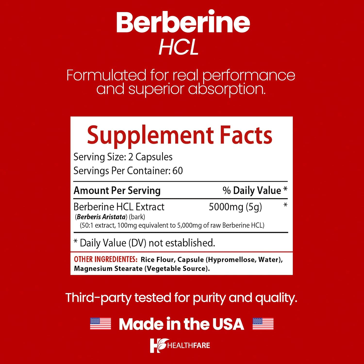 Healthfare Berberine HCL 5000mg | 120 Veg Capsules | Extra Strength Herbal Extract | Non-GMO, Gluten-Free | Made in The USA - Image 3