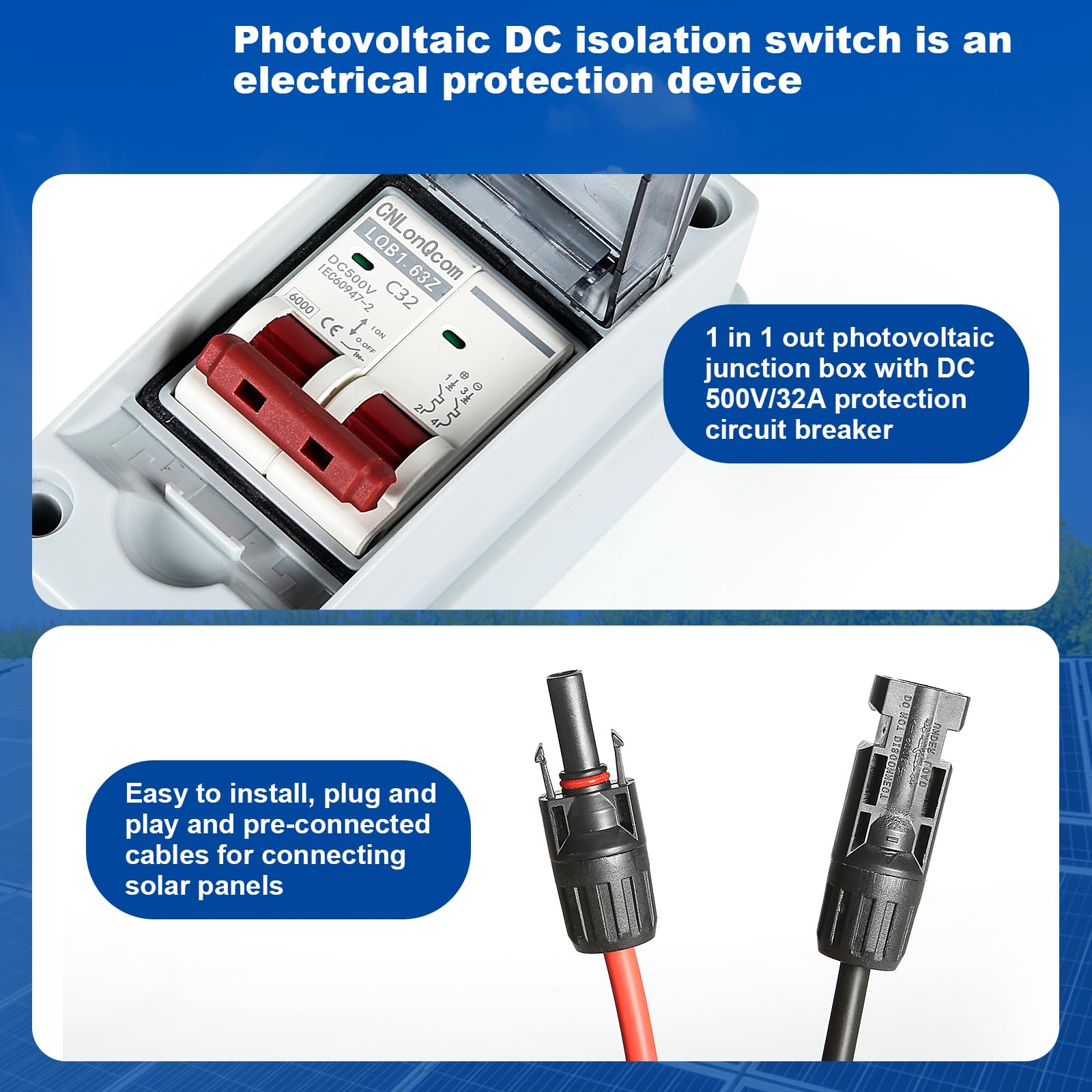 DEWIN DC Trennschalter, Leitungsschutzschalter 1 in 1 aus 1 String PV Trennschalter wasserdichte Solar Combiner Box für PV Anlage 32A DC 500V