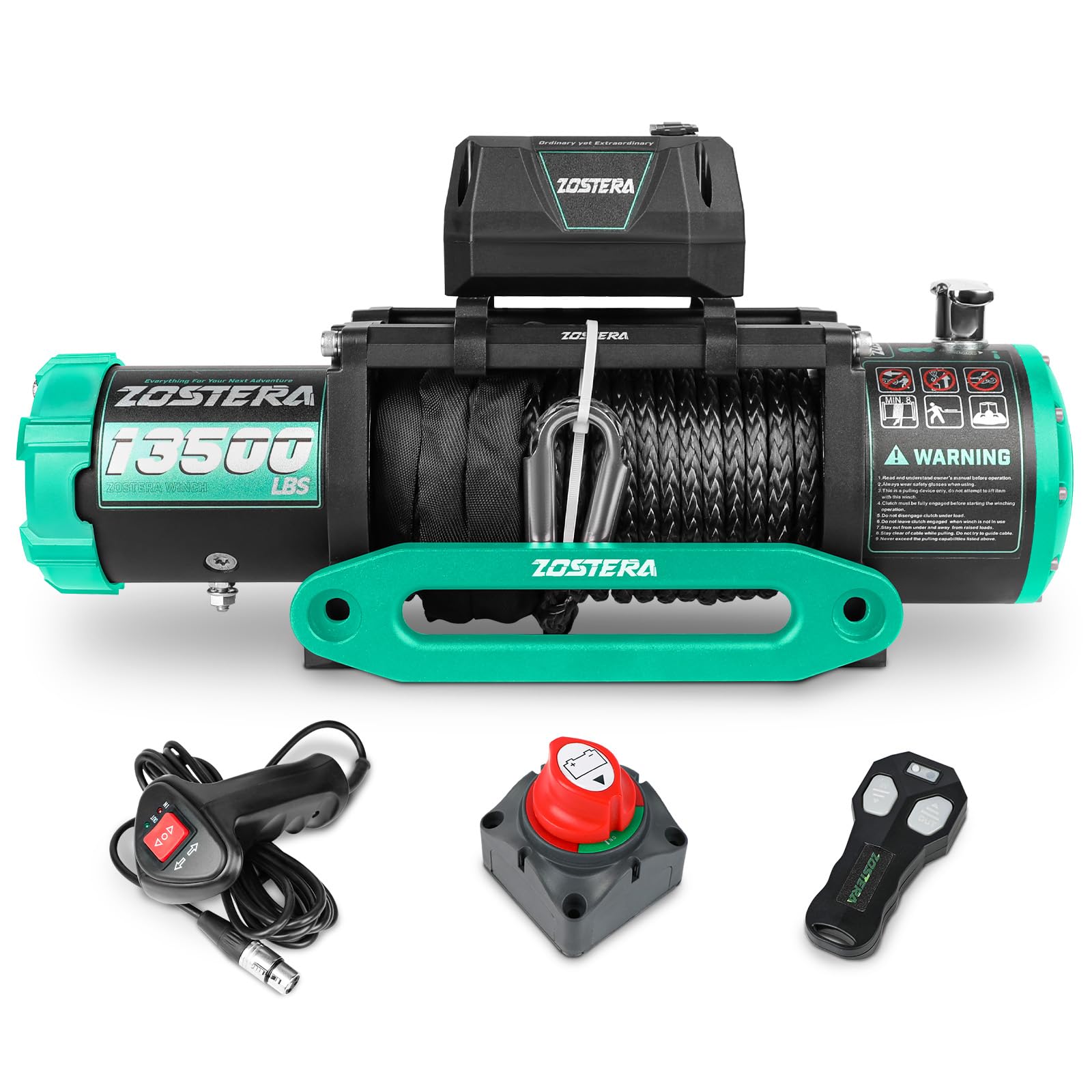 13500LB Winch Waterproof Electric Black Synthetic Rope 12V Winch, with 1 Wireless Remote &amp; Wired Manual Switch,Manual Power Switch and Handle Extension Cable,Cyan Hawse Fairlead and Hook