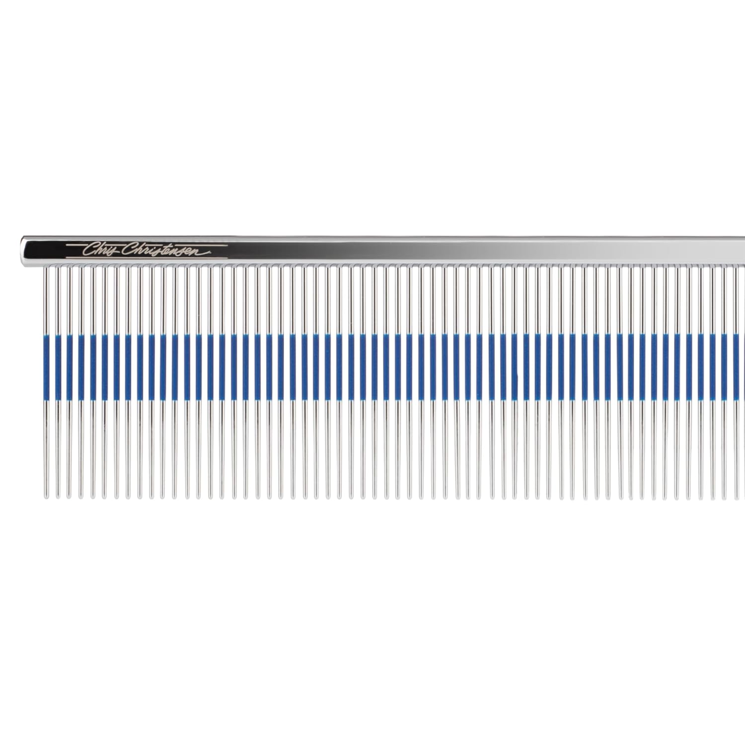 Chris Christensen 9" Long Tooth Fine/Extra Fine Comb-Out Comb, Groom Like a Professional, Rounded Corners Prevent Friction and Breakage, Unique Rubber Grip Line, Chrome Finish