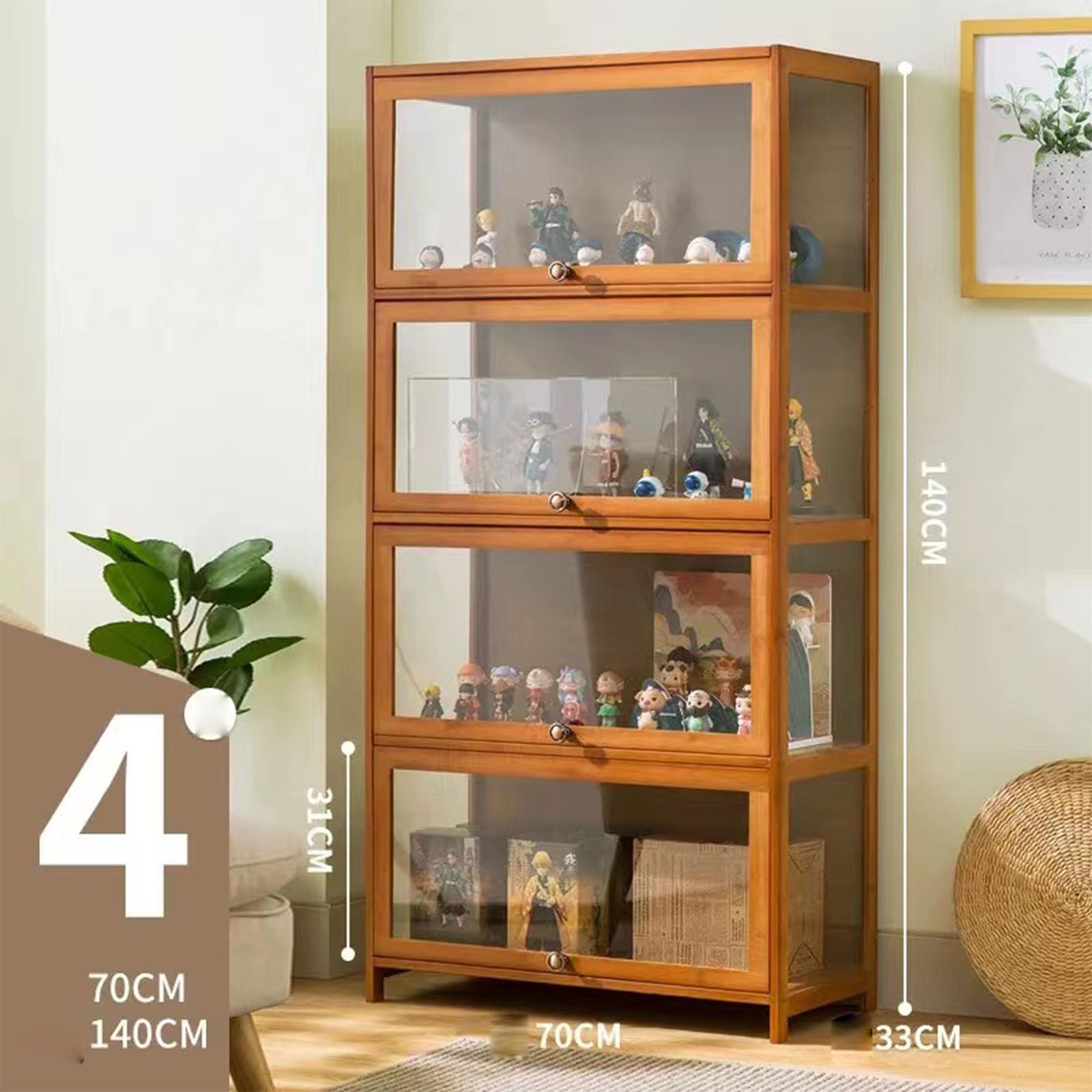 Sammlung Vitrine, natürlicher Bambus Rahmen, Acryl Sammlung Vitrine, staubdicht, passend für Haus und Büro Gebrauch (4-floors-80cm, Wood Color)