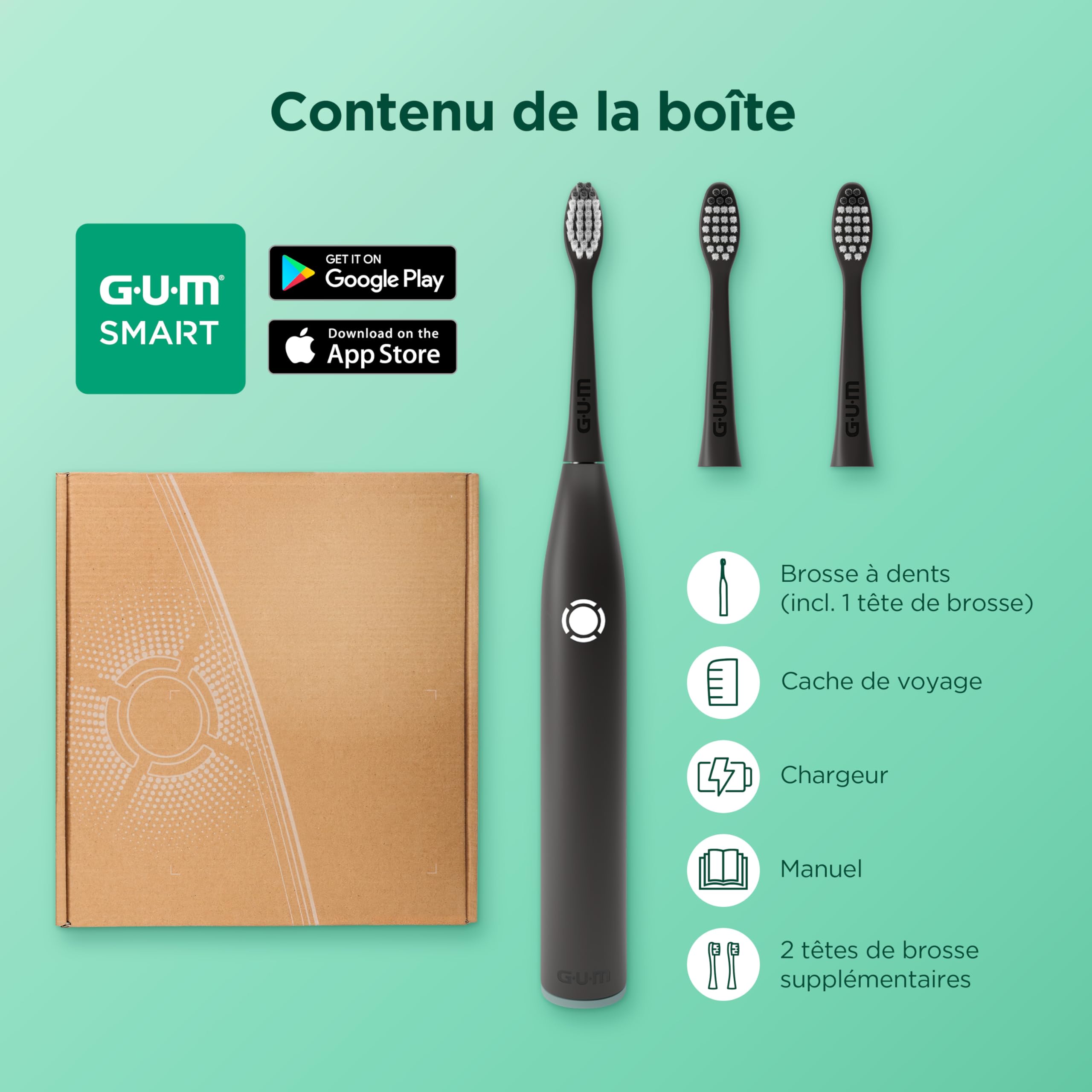GUM SMART ONE Brosse à dents électrique | contrôle de vitesse | minuteur | 4 modes de brossage | 6 semaines d’autonomie | application intelligente | 1 brosse à dents | 2 têtes de brosse | Noire